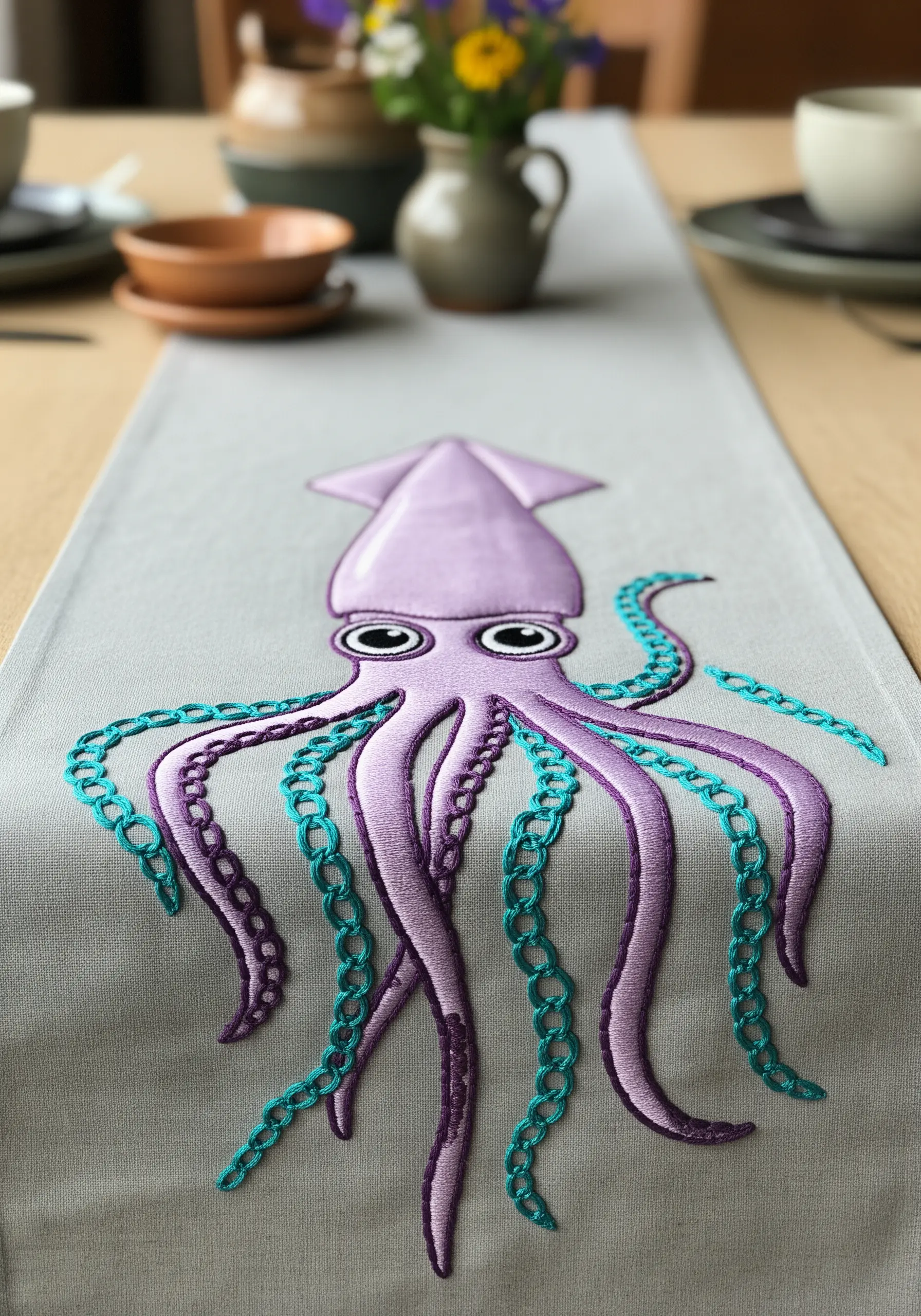 A whimsical embroidered squid with a purple body and turquoise chain-stitch tentacles.