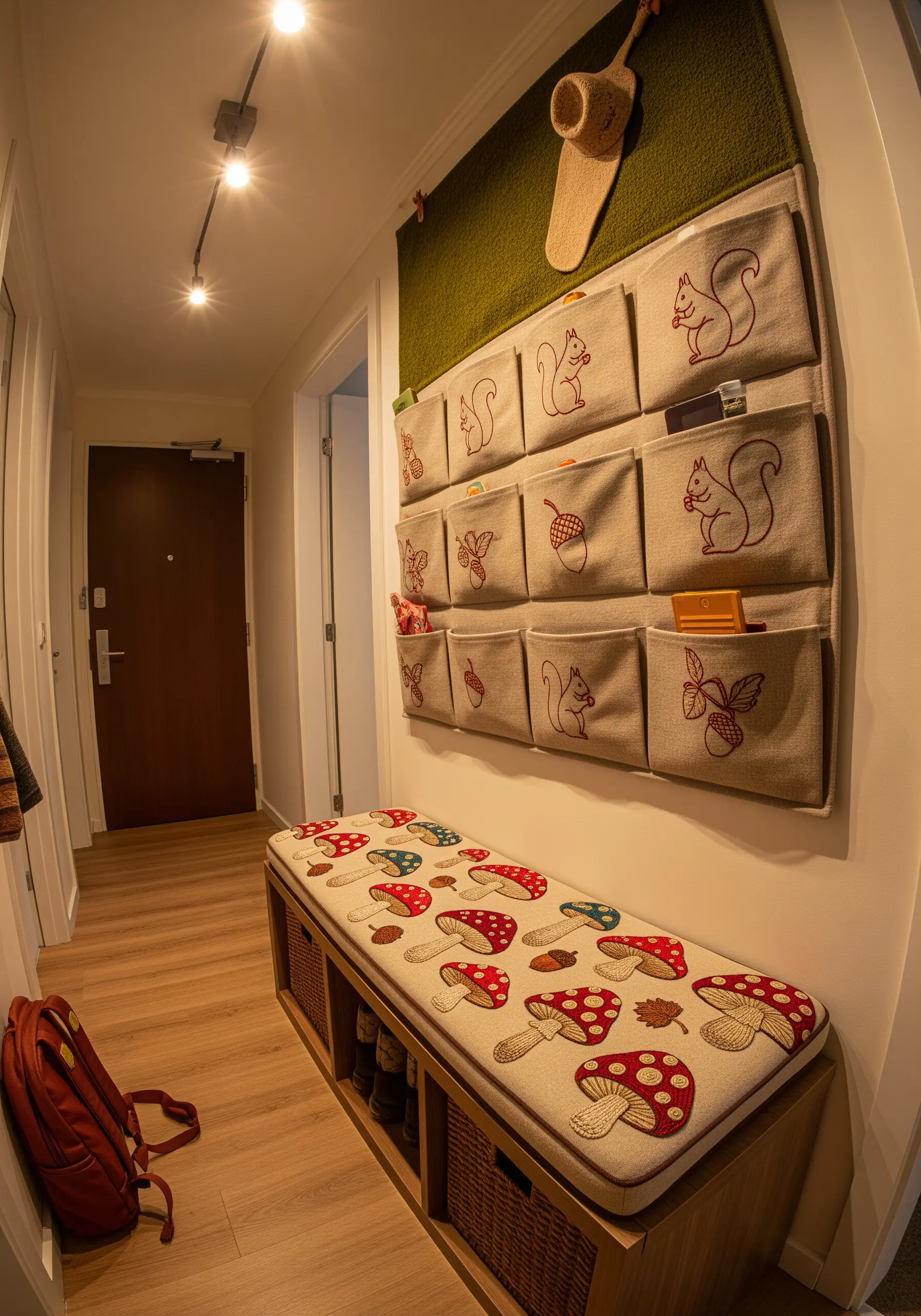 A beige fabric wall organizer with small pockets, each embroidered with a squirrel or acorn.