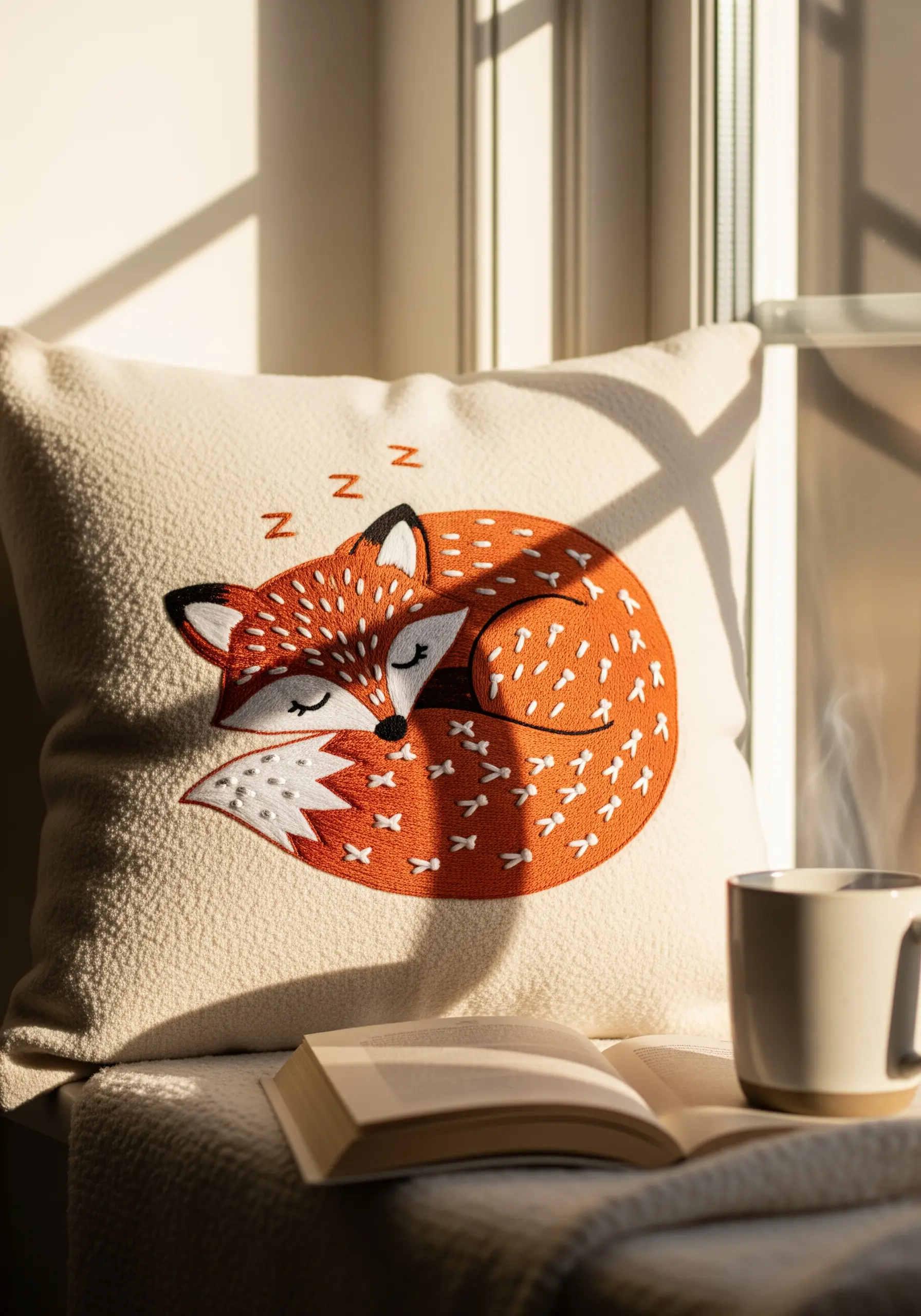 Embroidered sleeping fox on a cream pillow with varied stitches for fur texture.