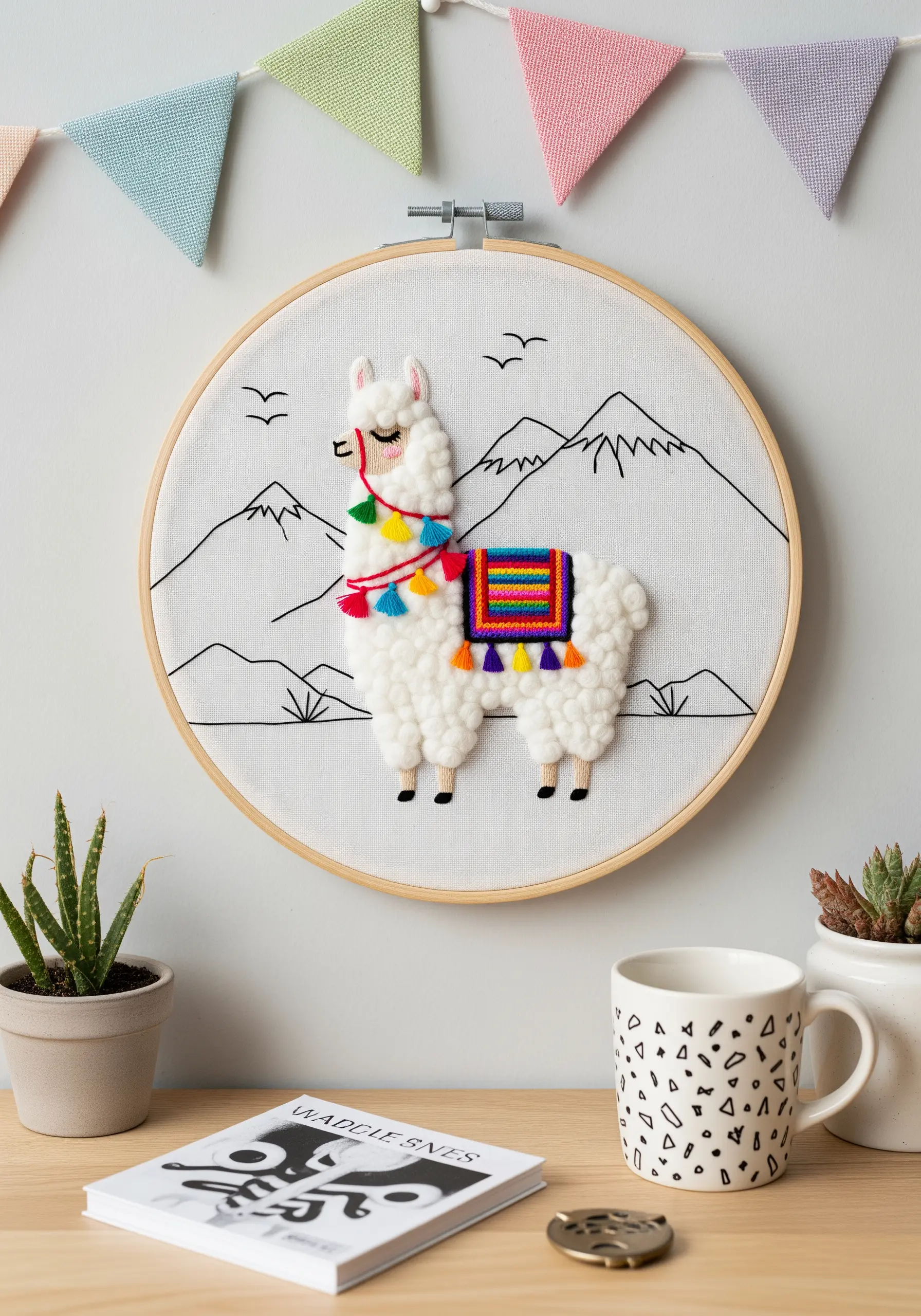 Embroidered llama with a fluffy, high-texture body and a colorful saddle blanket.