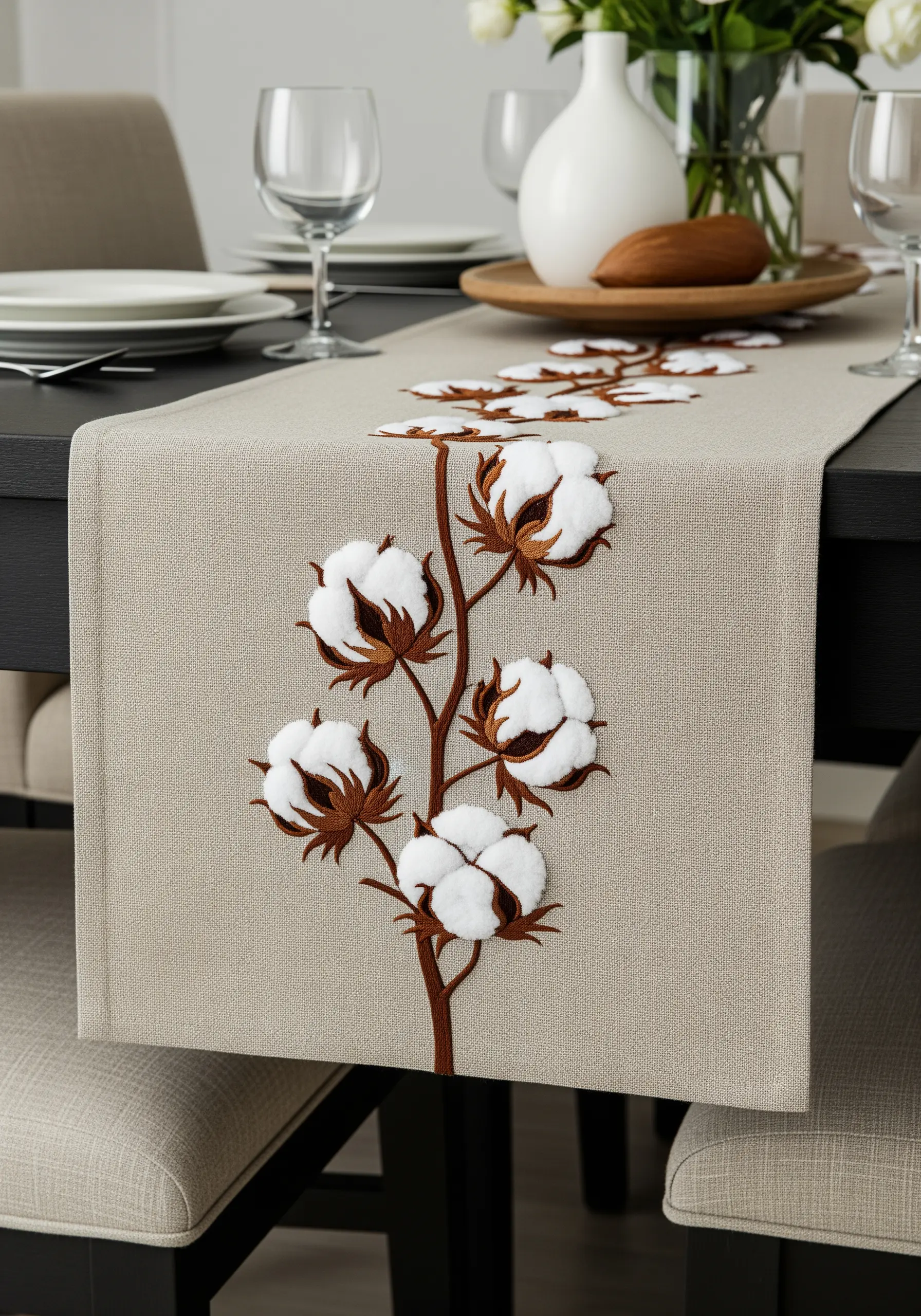 Table runner with embroidered cotton branches featuring white appliqué bolls