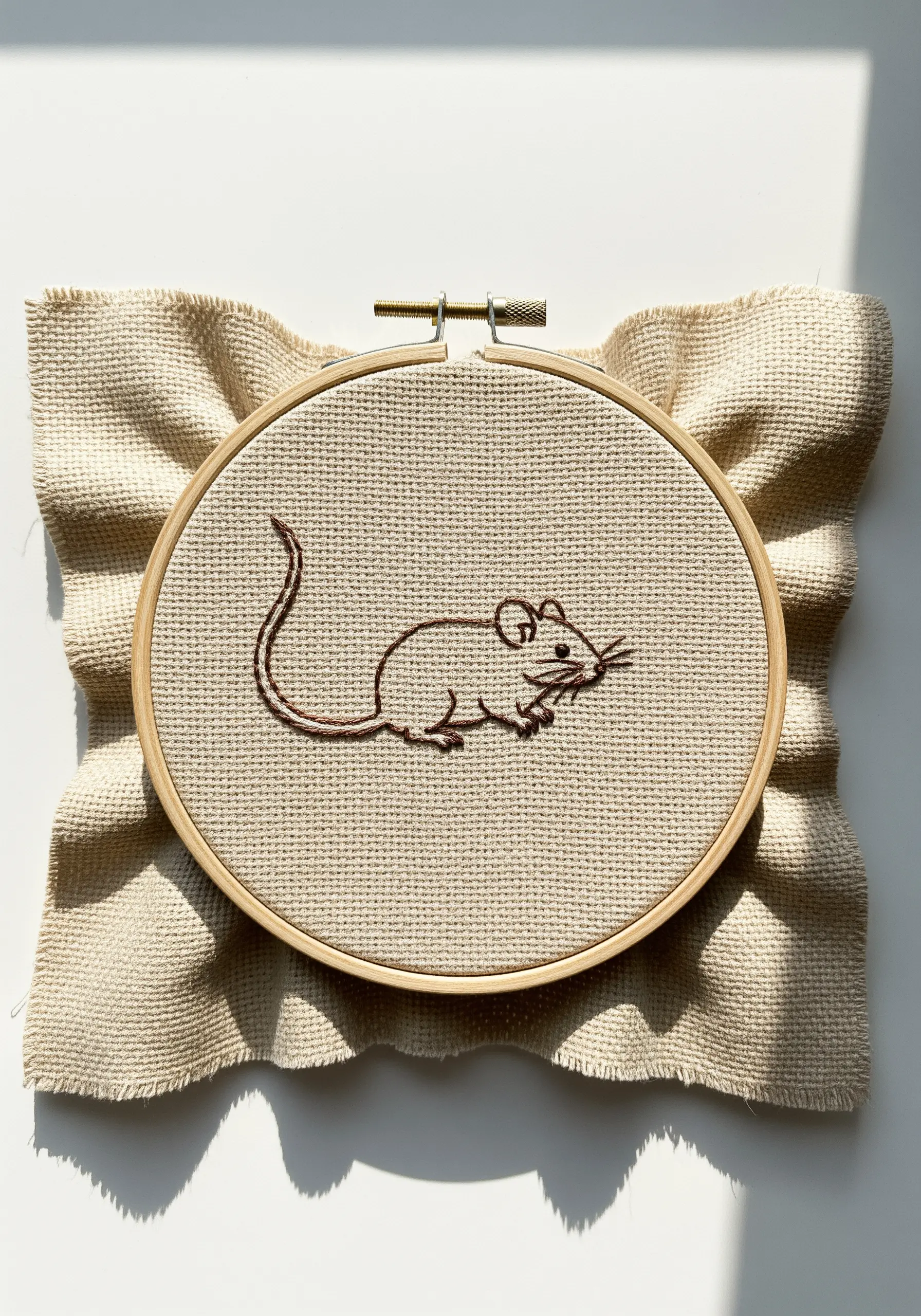 A simple brown outline embroidery of a mouse on rustic, unbleached fabric.