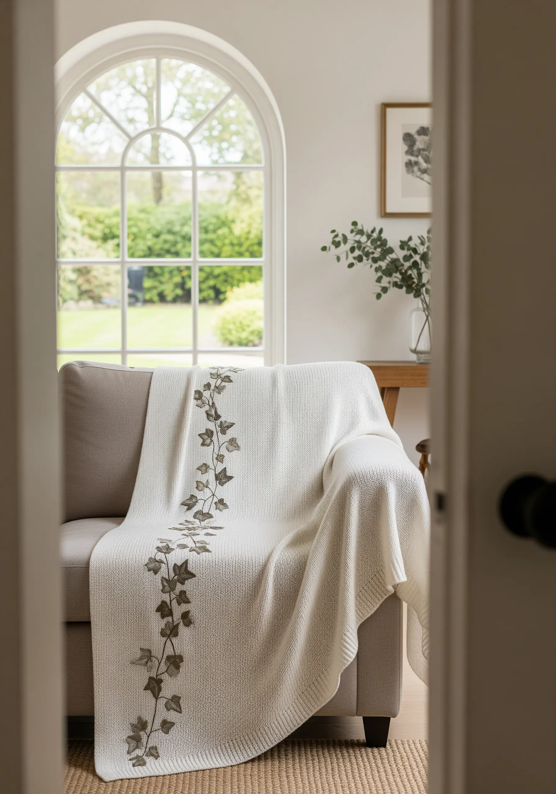 A realistic, trailing vine of ivy leaves embroidered down the center of a white knit throw.
