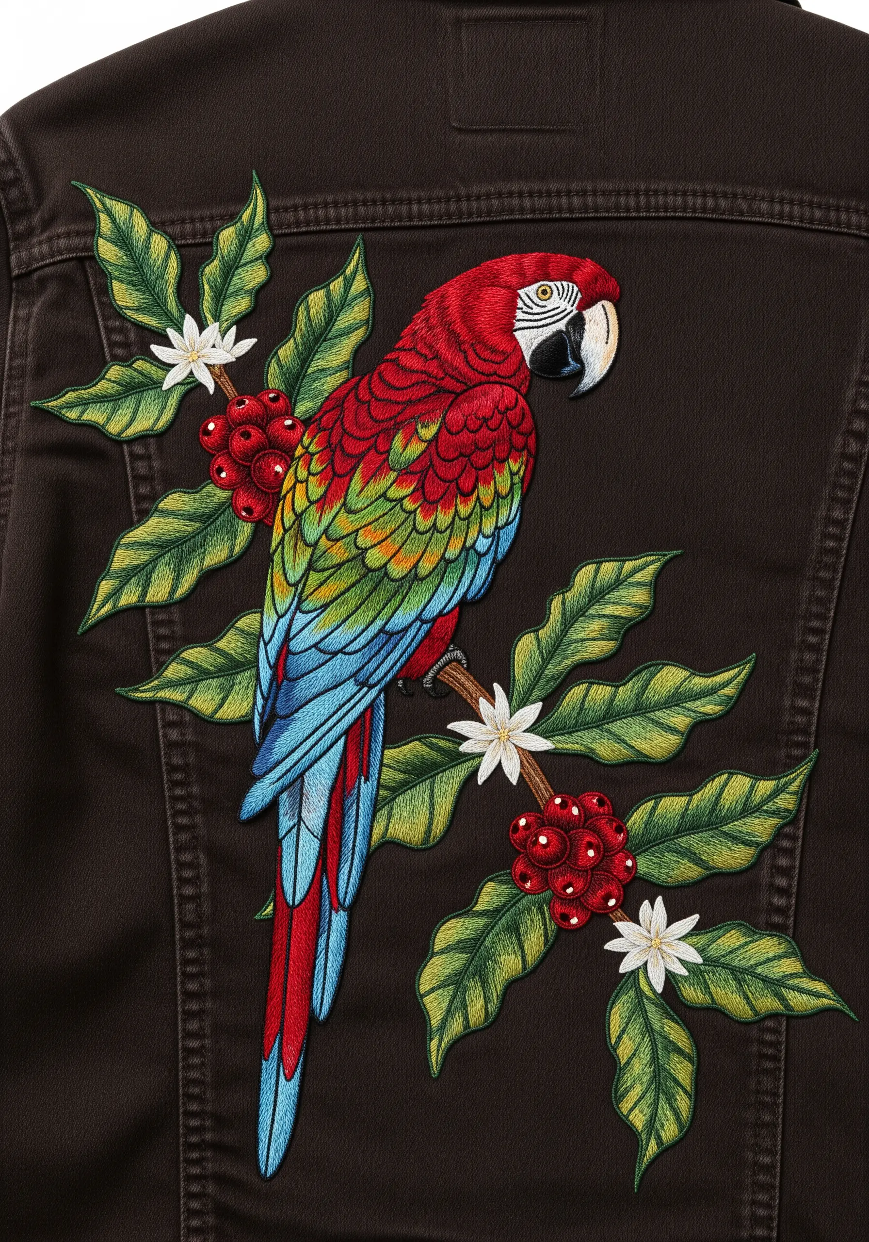 A scarlet macaw perched on a coffee plant branch with red berries and white flowers.