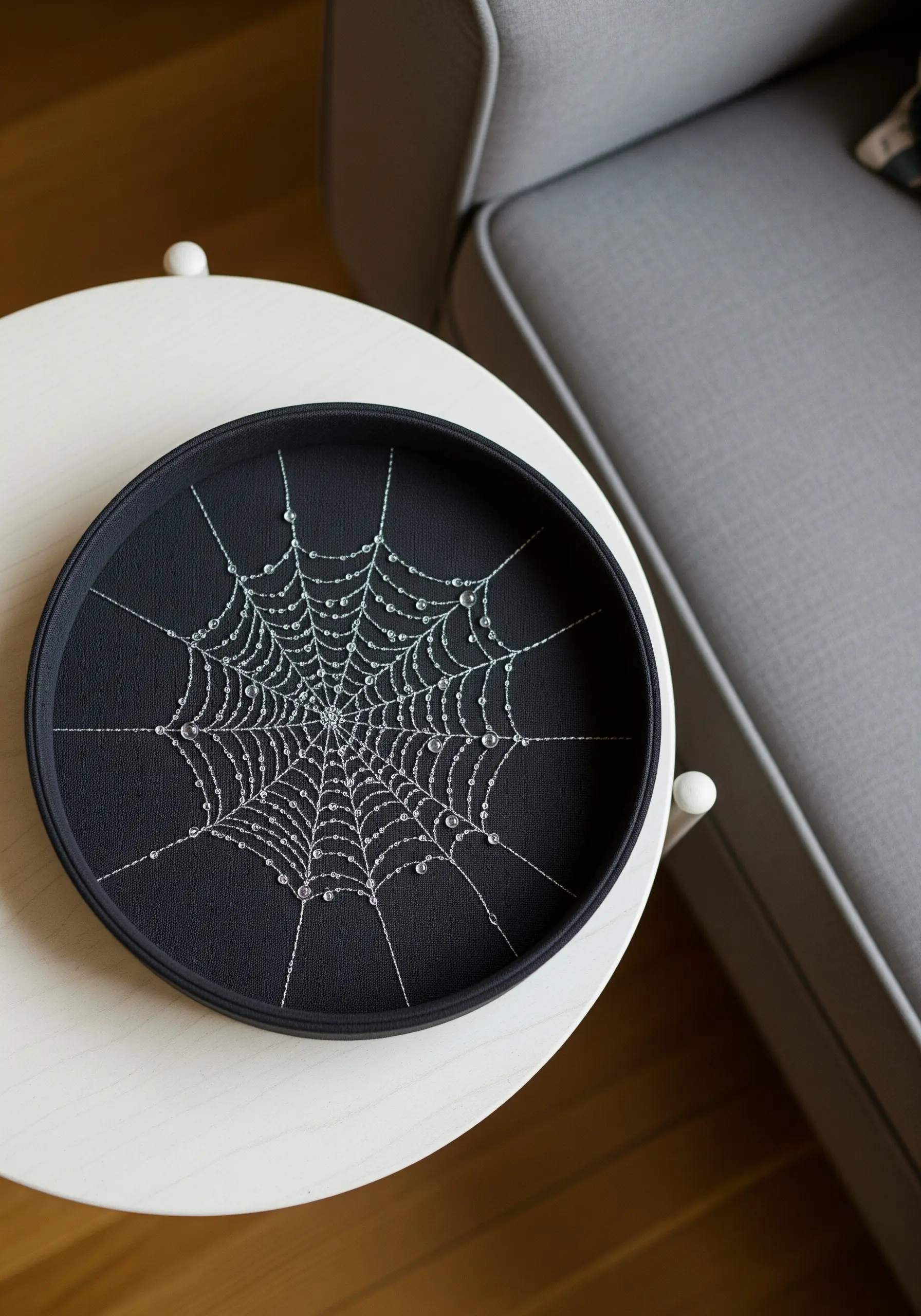 A black tray with an embroidered spiderweb, detailed with tiny clear beads like water droplets.