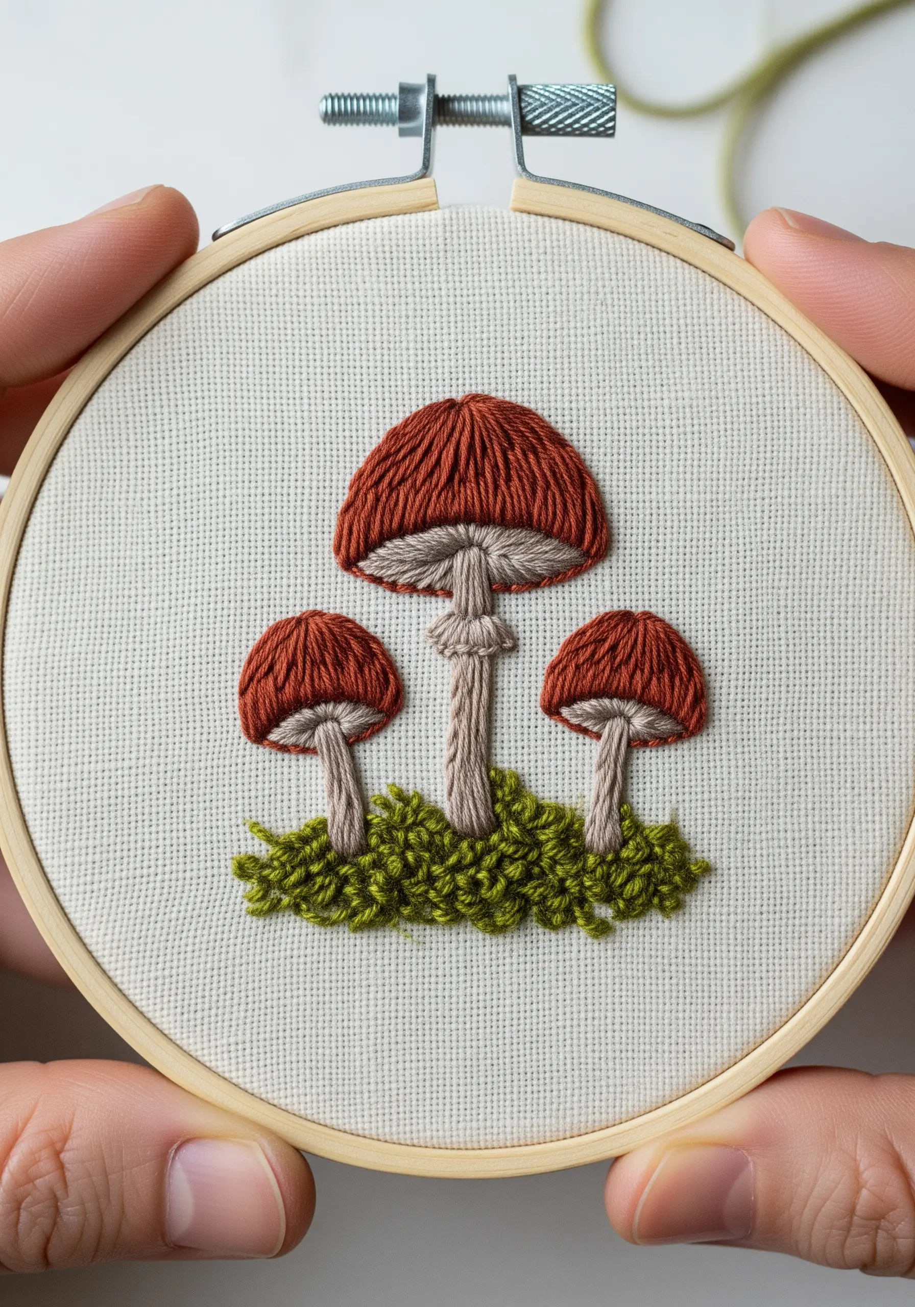 Three embroidered mushrooms surrounded by textured French knot moss.