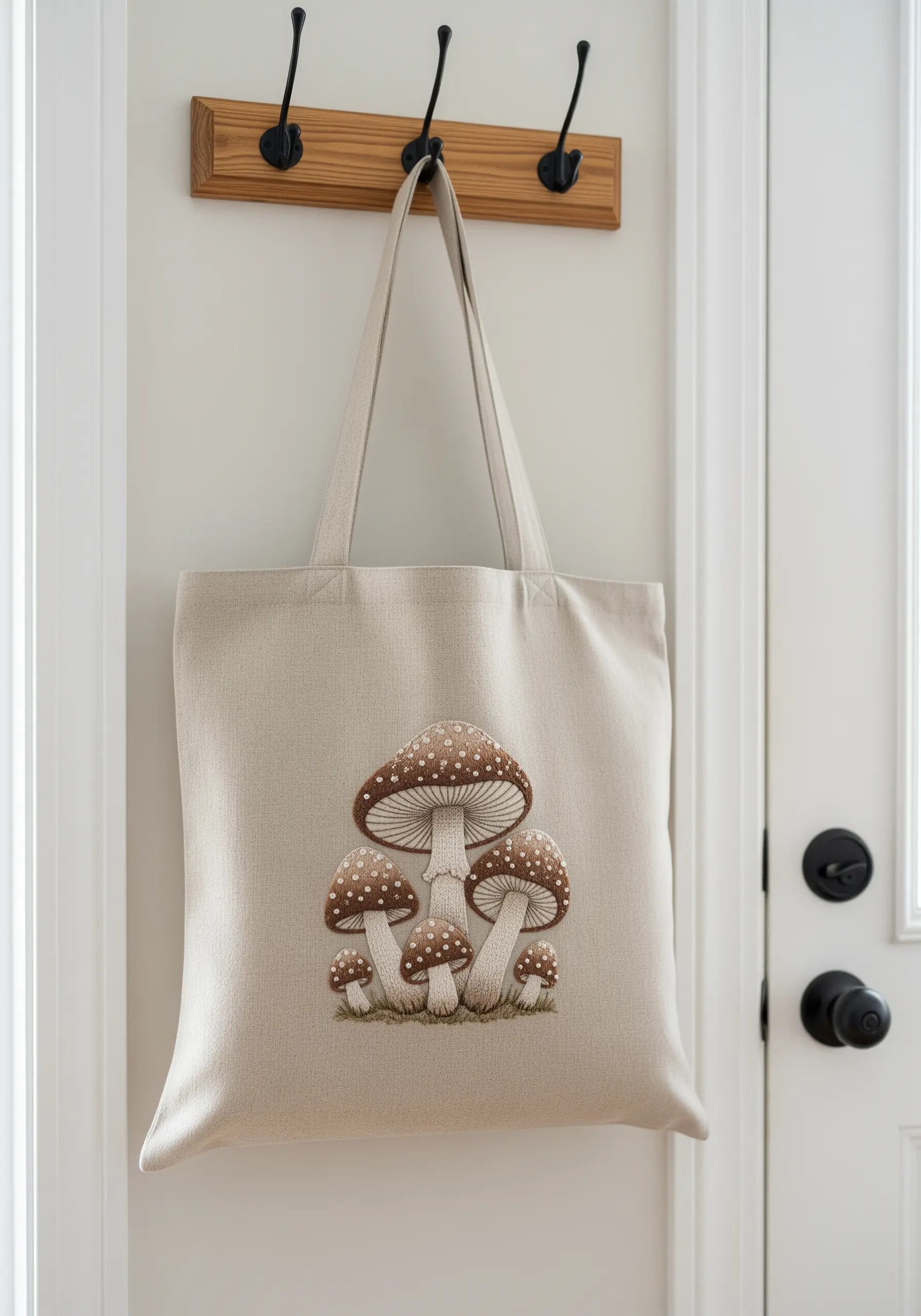 A group of realistic mushrooms embroidered on a tote bag using shading and texture.
