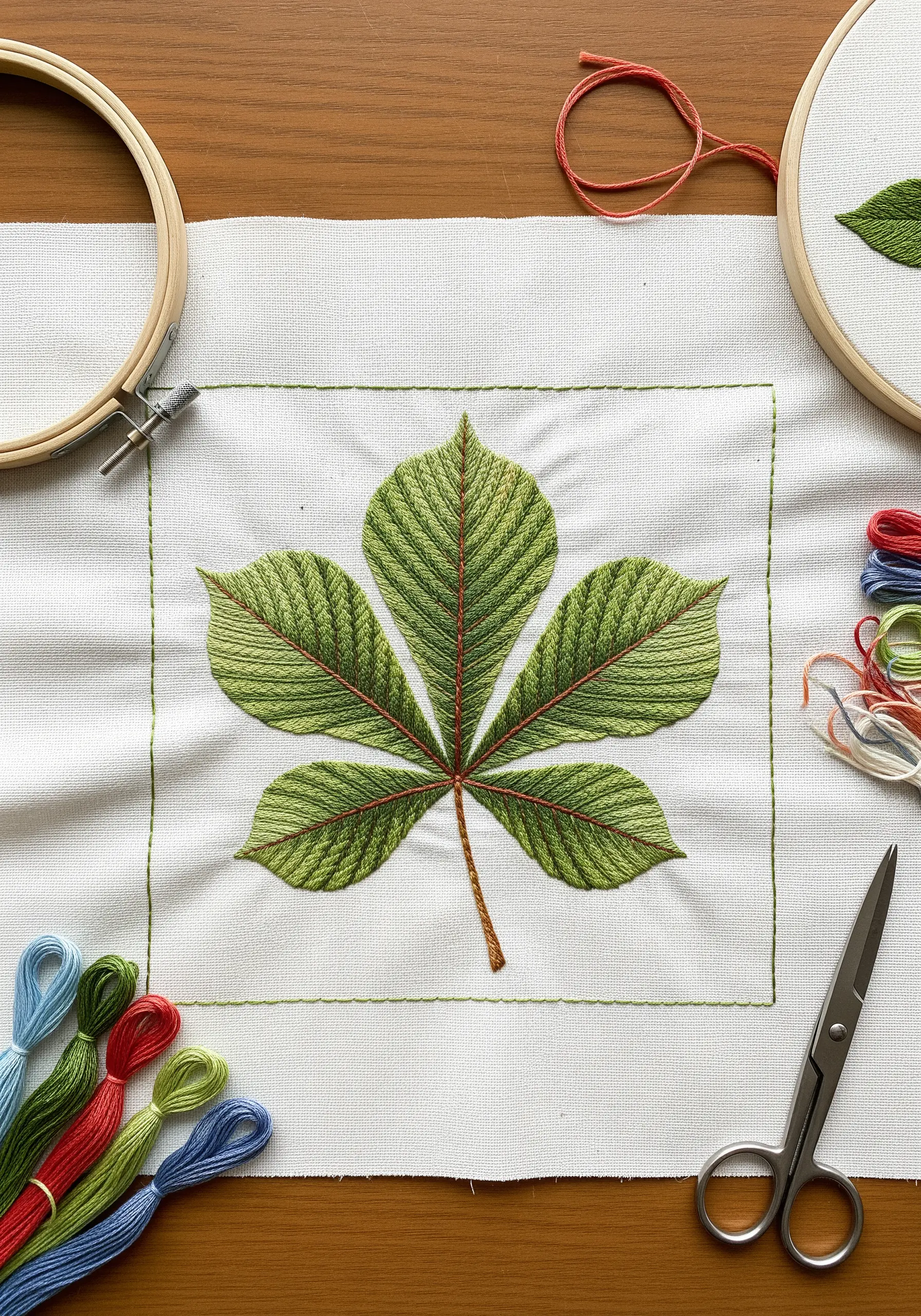 Thread-painted horse chestnut leaf with fine, stitched-over veins.