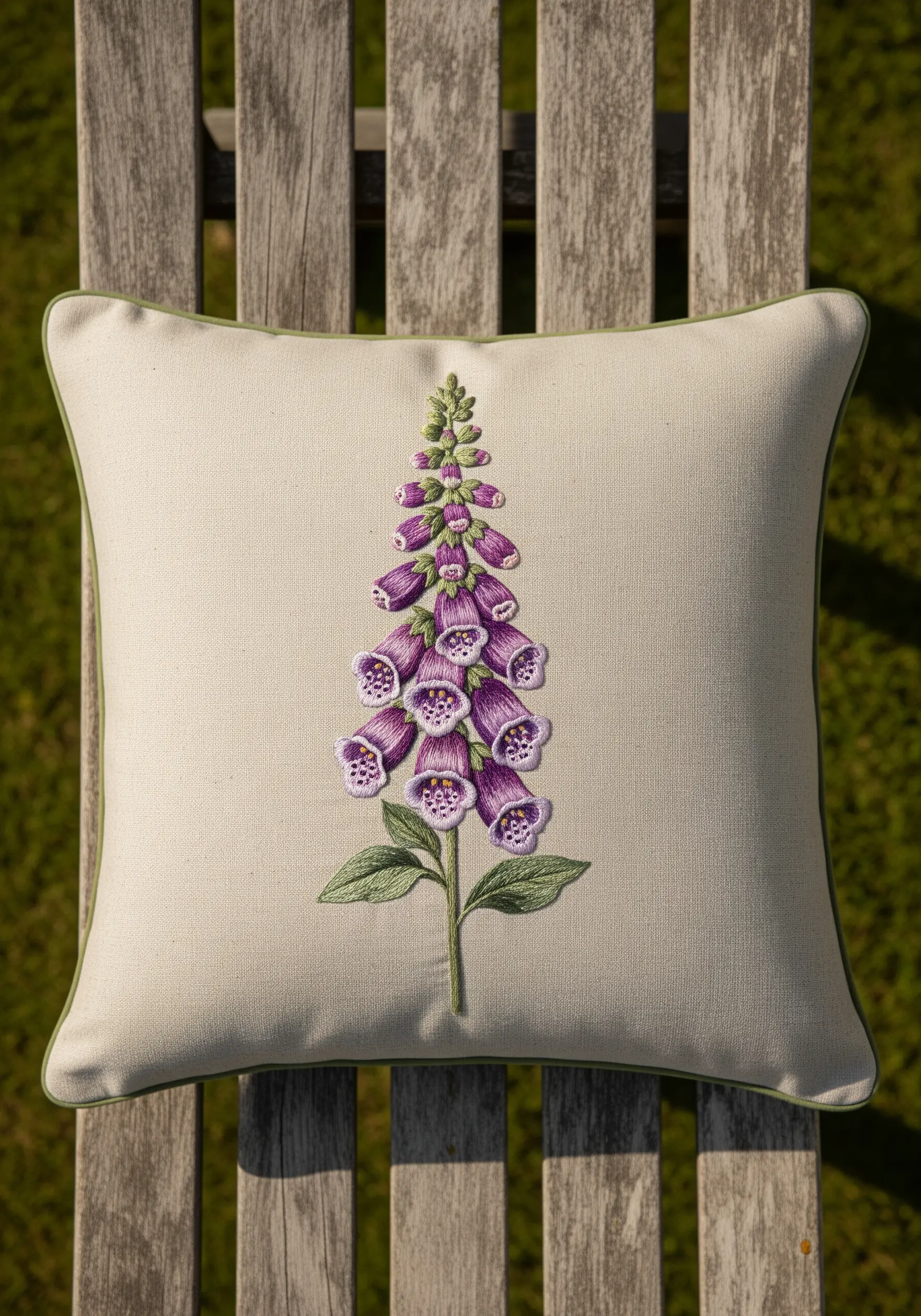 Embroidered foxglove on a cream pillow with detailed purple and green stitching.