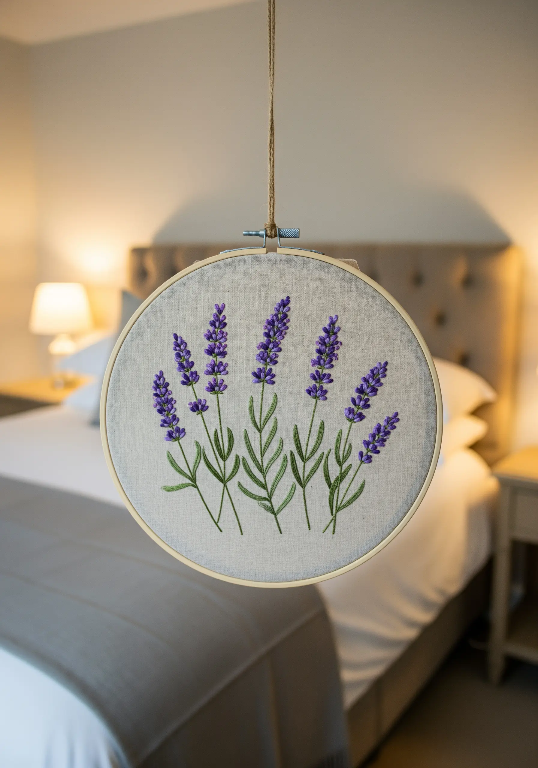 A close-up of embroidered lavender stems with textured purple French knots on neutral linen.