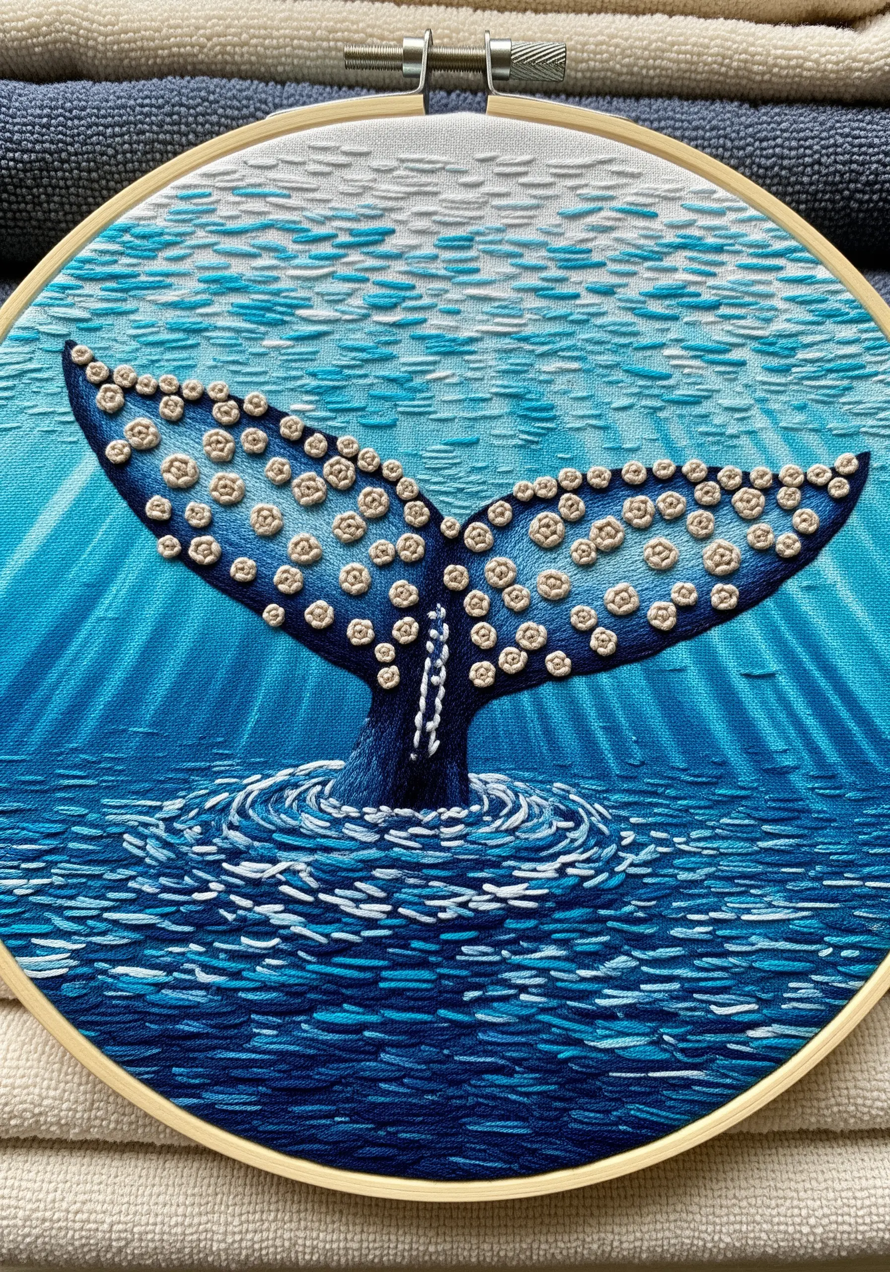 Close-up of an embroidered whale tail with French knots creating a barnacle texture.