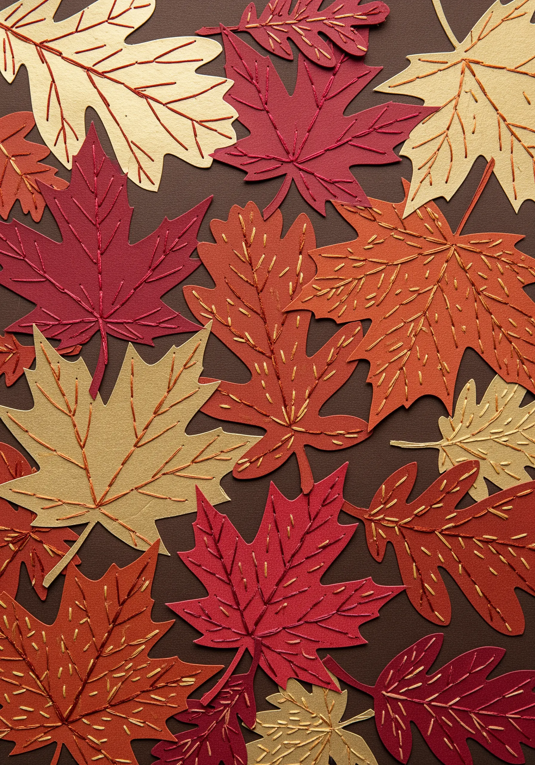 A collage of red, orange, and gold paper leaves embellished with stitched veins in metallic thread.