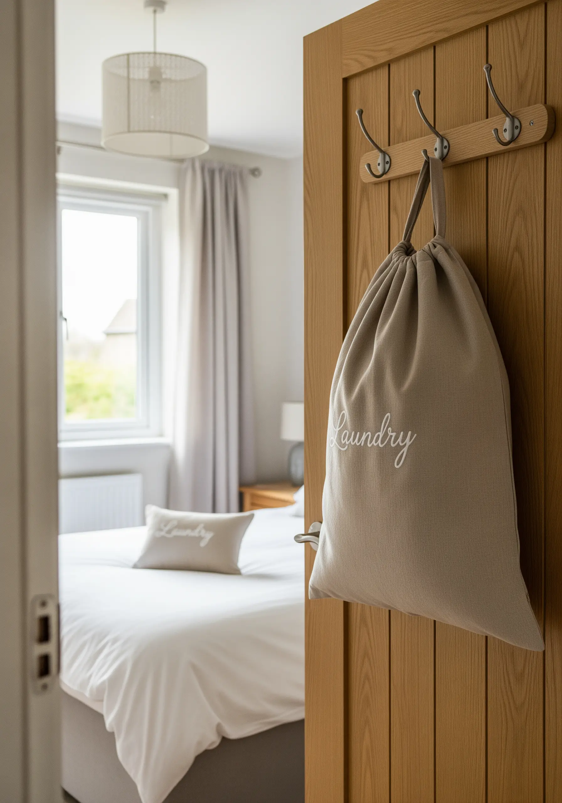 A beige linen laundry bag with the word 'Laundry' embroidered in a delicate white script.