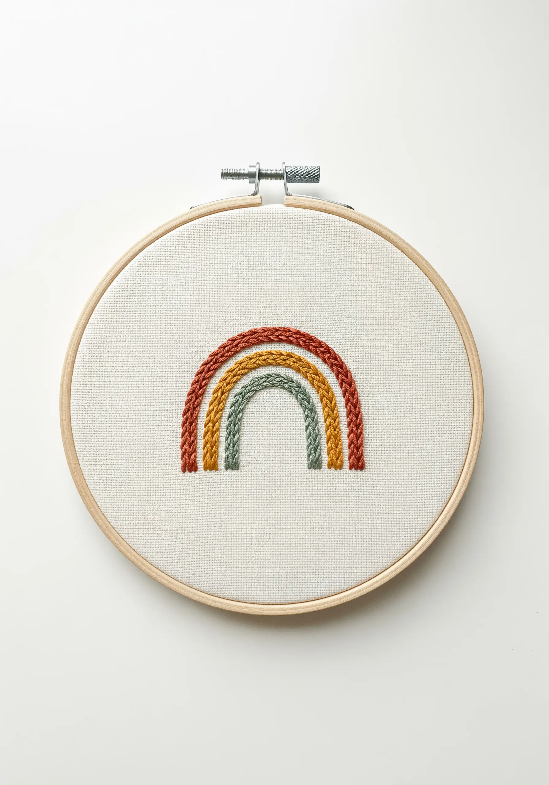 A small, textured rainbow with raised chain stitches in earthy tones on Aida cloth.
