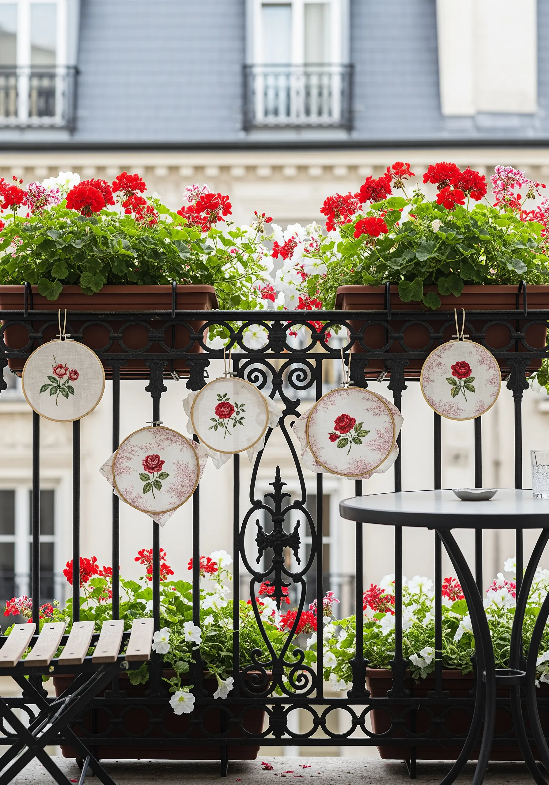 Small embroidery hoops with classic red rose motifs hanging on an ornate balcony.