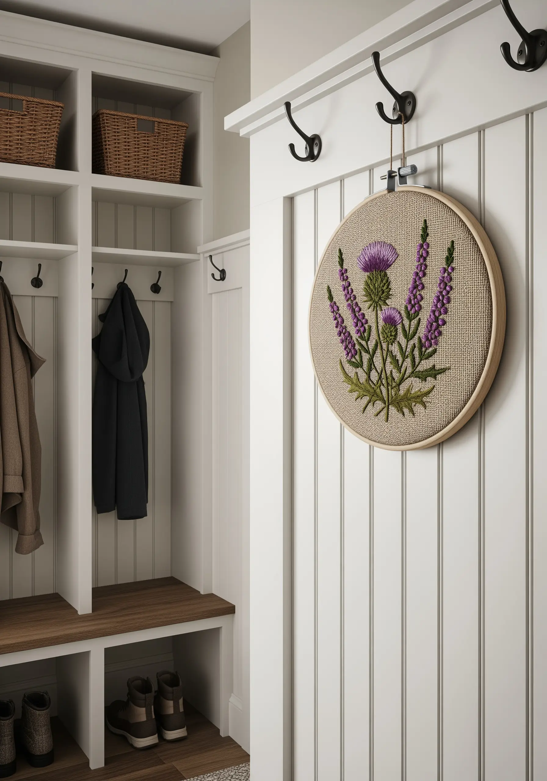 Scottish thistle and heather embroidered on rustic burlap fabric, hanging in a mudroom.