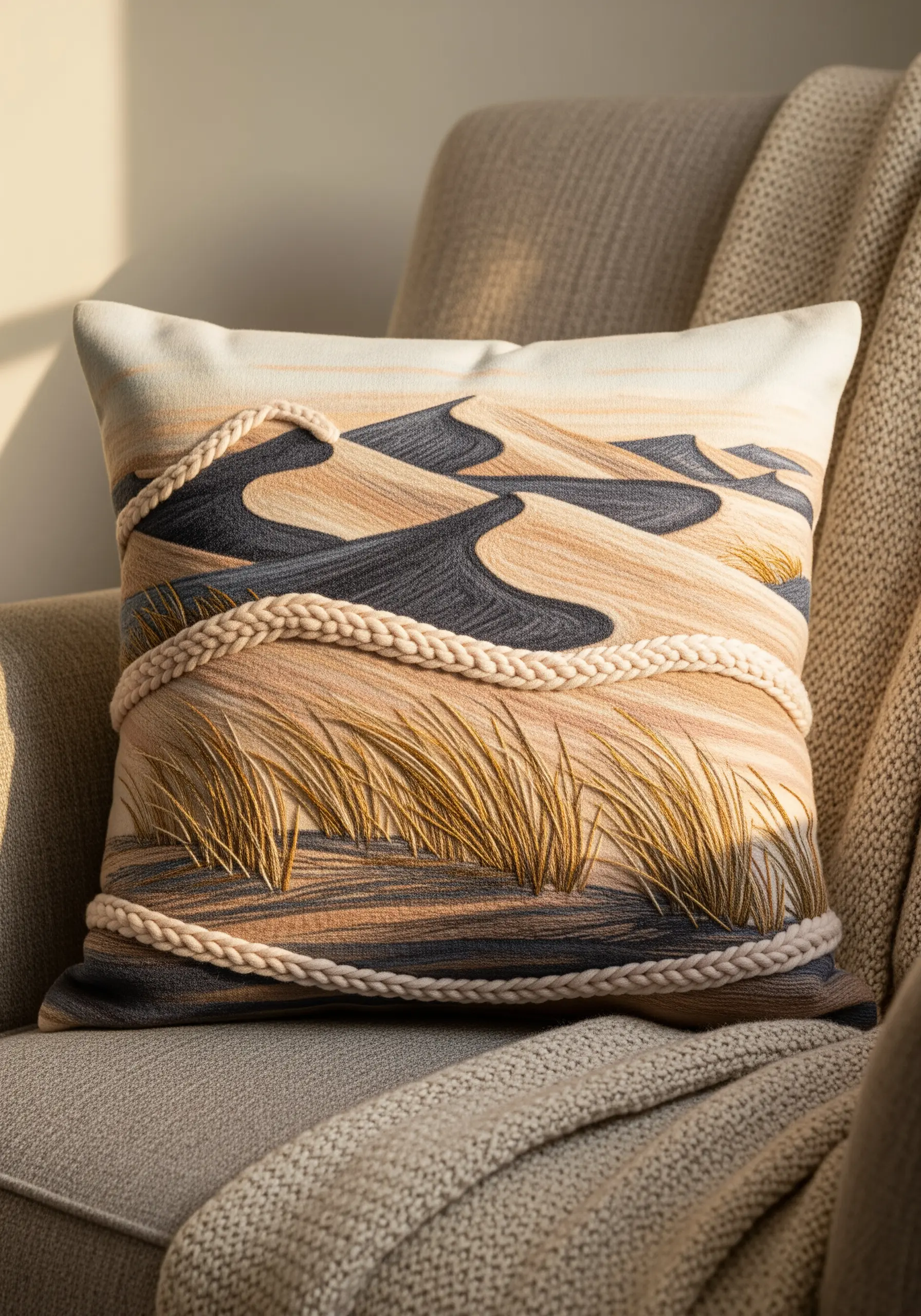Embroidered sand dune pillow with a thick, couched braid creating a 3D textural path.
