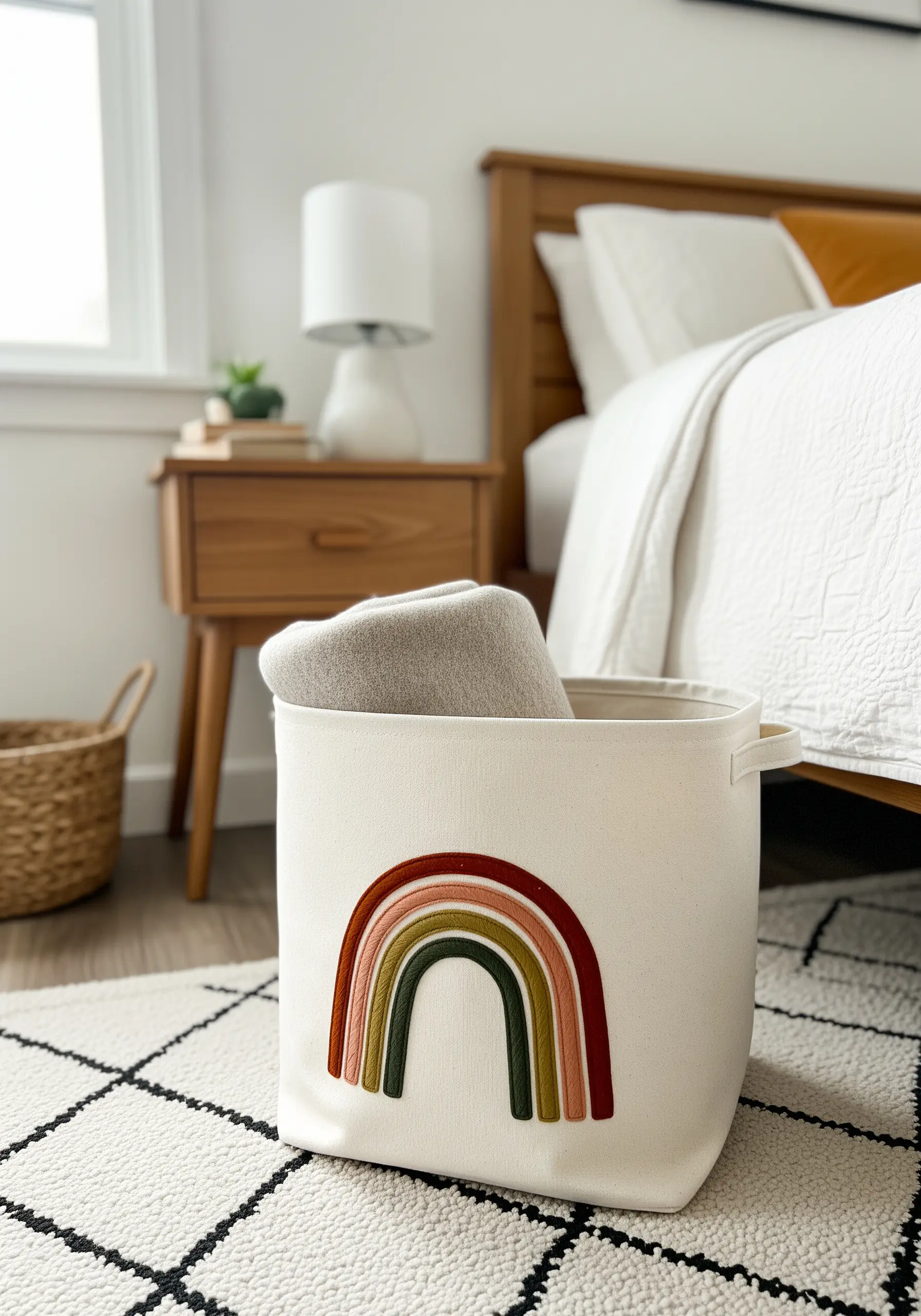 A chunky, raised rainbow embroidered on a canvas storage basket using a couching technique.