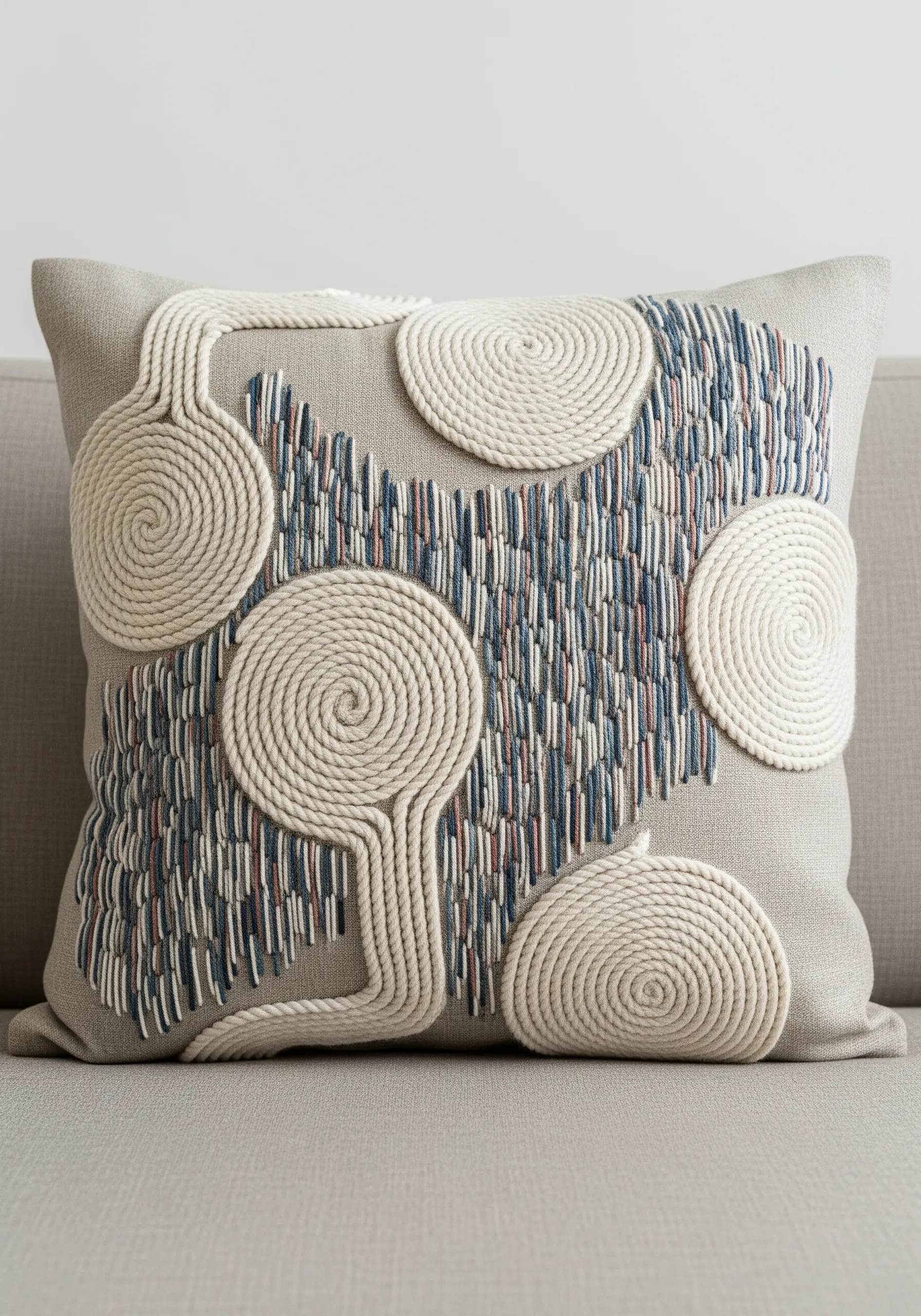A grey cushion decorated with coiled white rope in spiral patterns and a textured satin stitch fill.