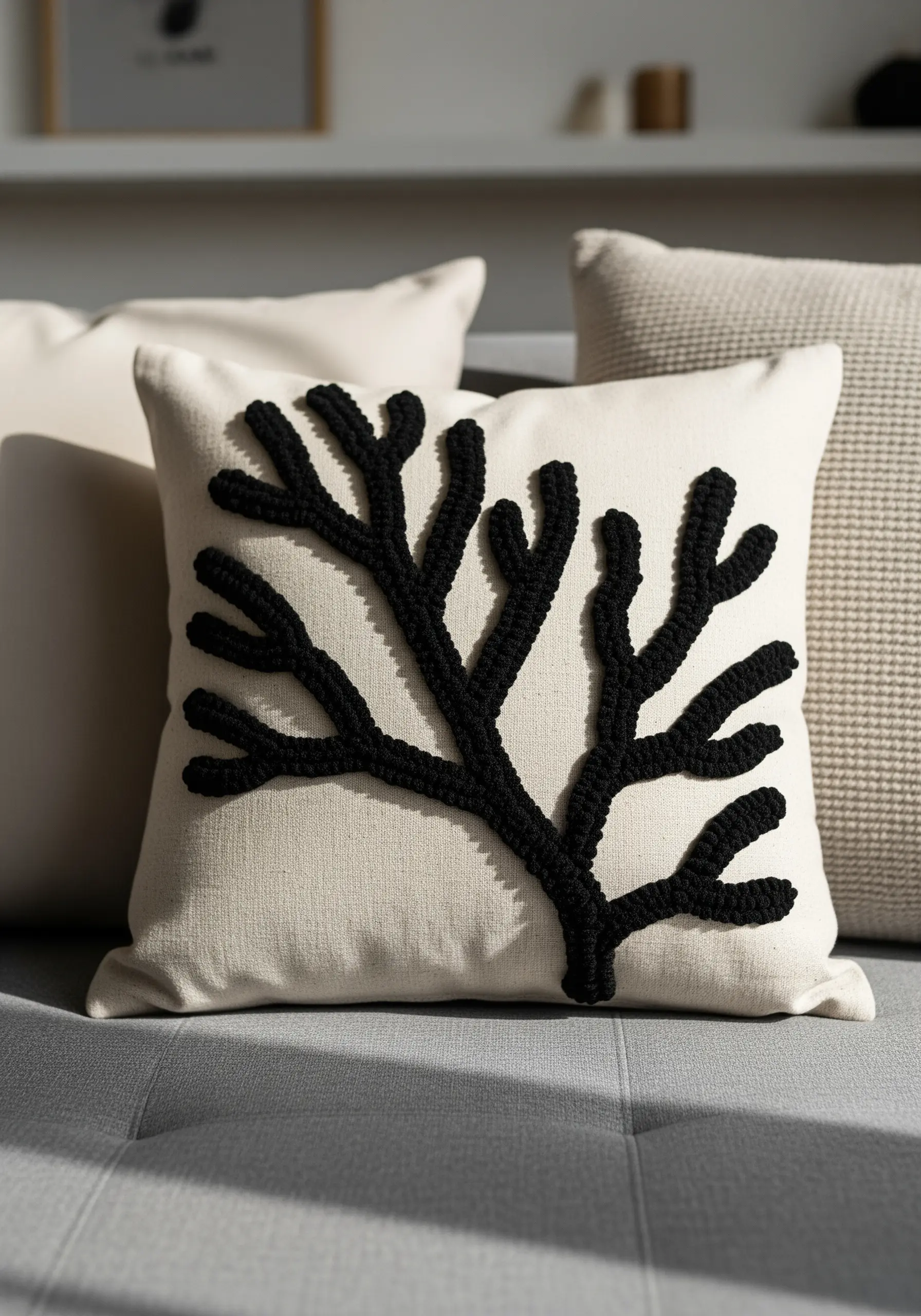 Raised black thread embroidery of a coral branch on a neutral cushion.