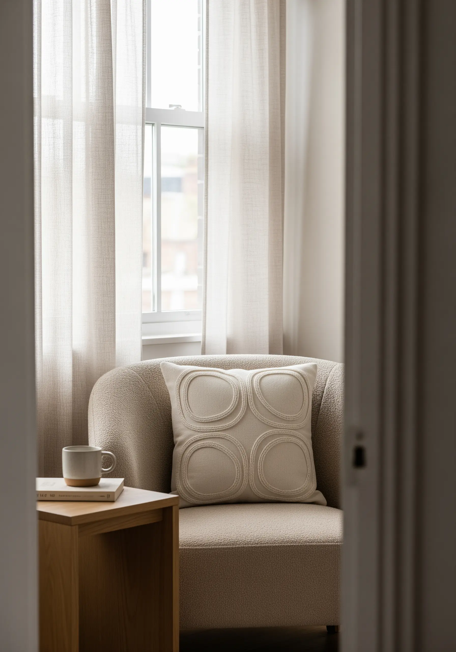 Raised circular embroidery pattern using couching on a neutral pillow