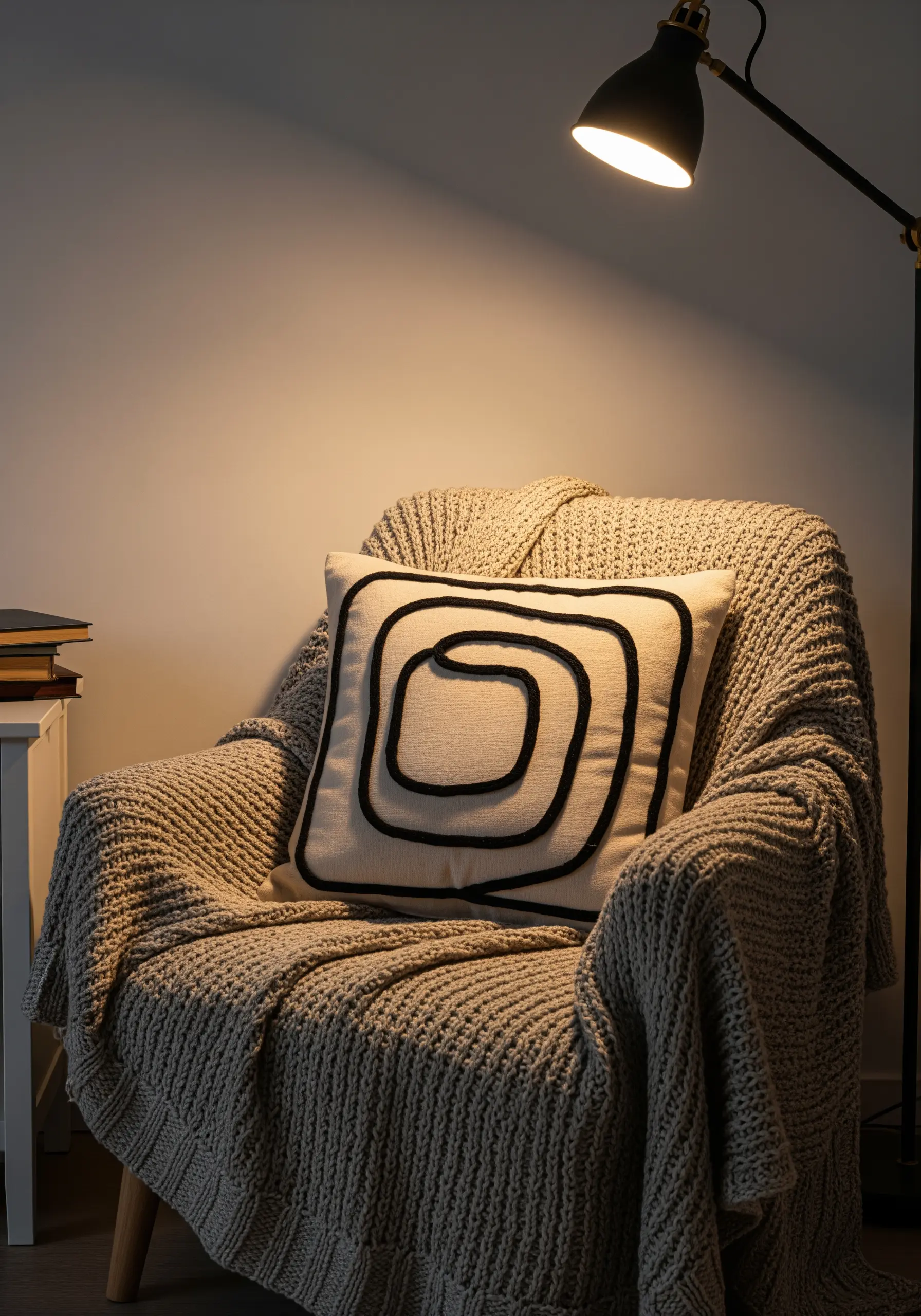 A beige pillow with a thick, raised black abstract swirl design.