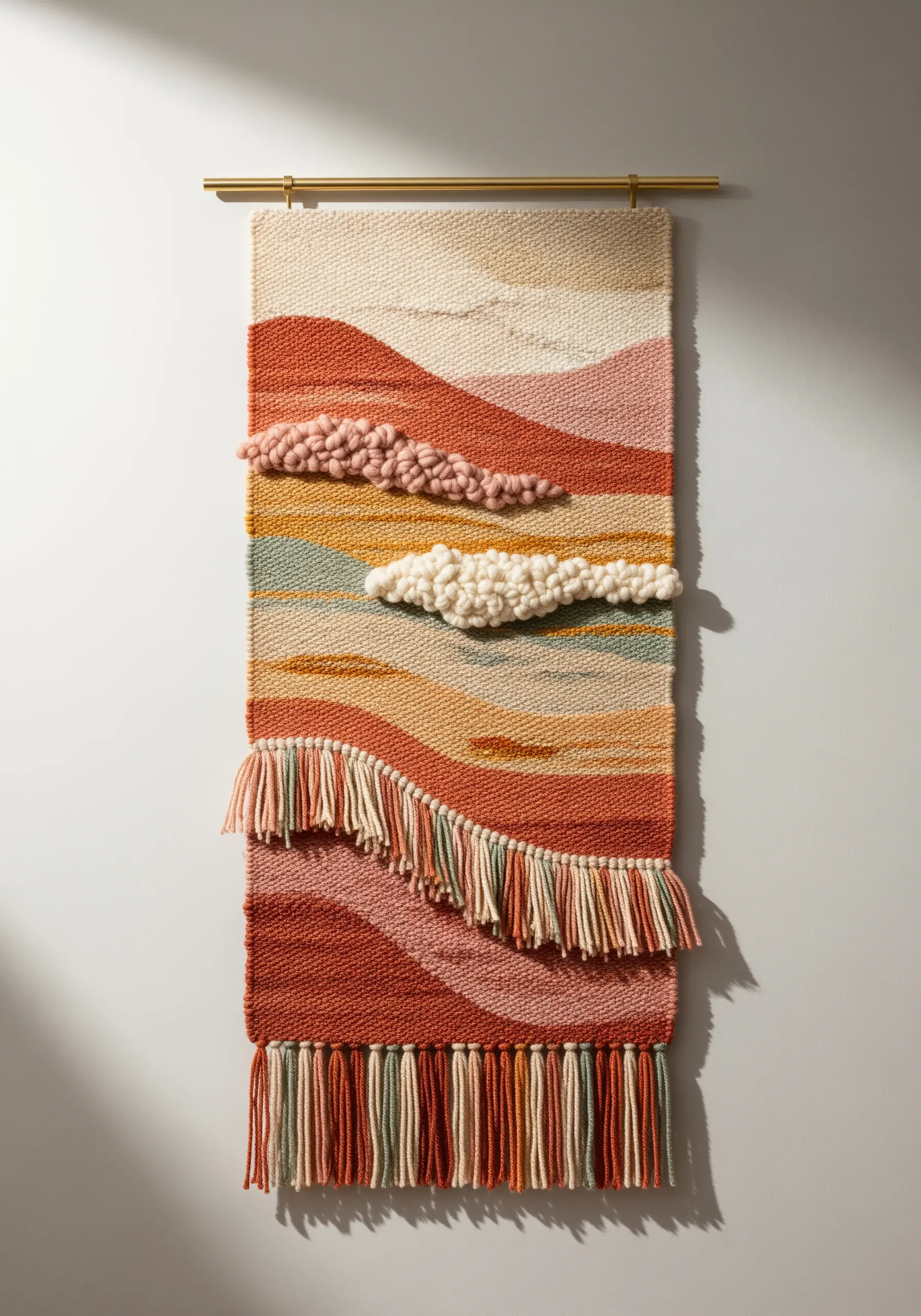 A woven wall hanging depicting an abstract landscape with raised, fluffy pink and white clouds.