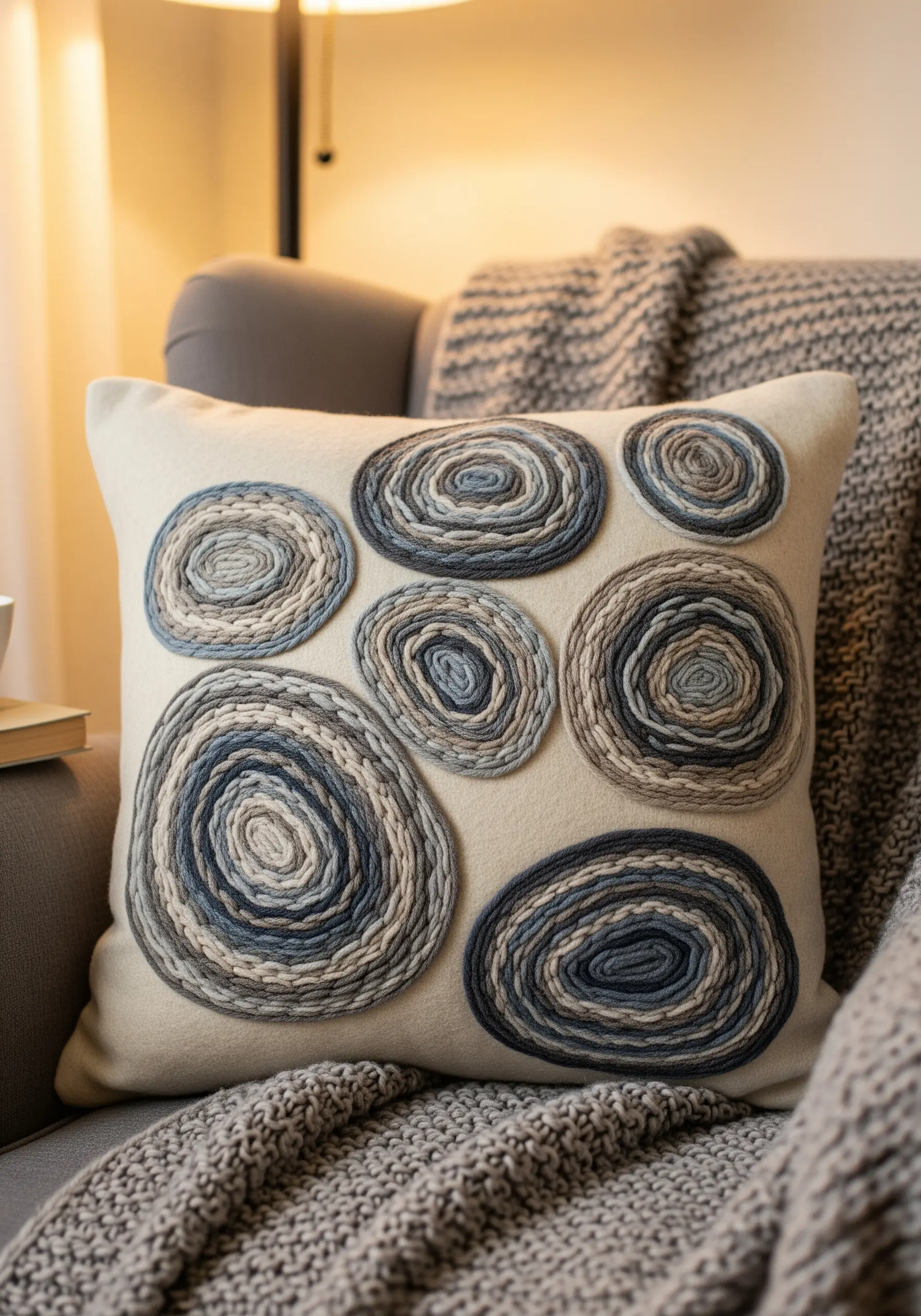 A cream pillow decorated with couched yarn in concentric circles of blue, grey, and beige.