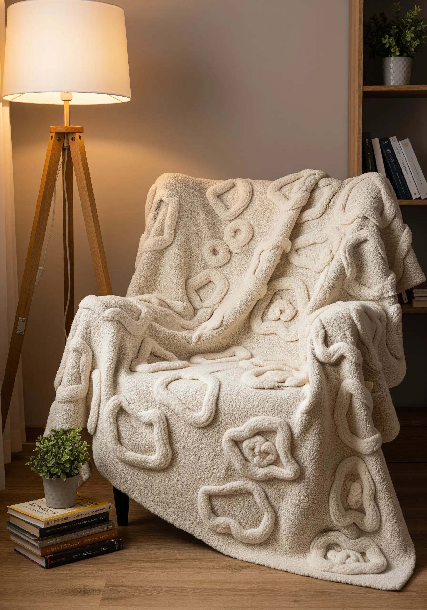A cream-colored plush throw blanket with abstract, raised appliqué shapes.