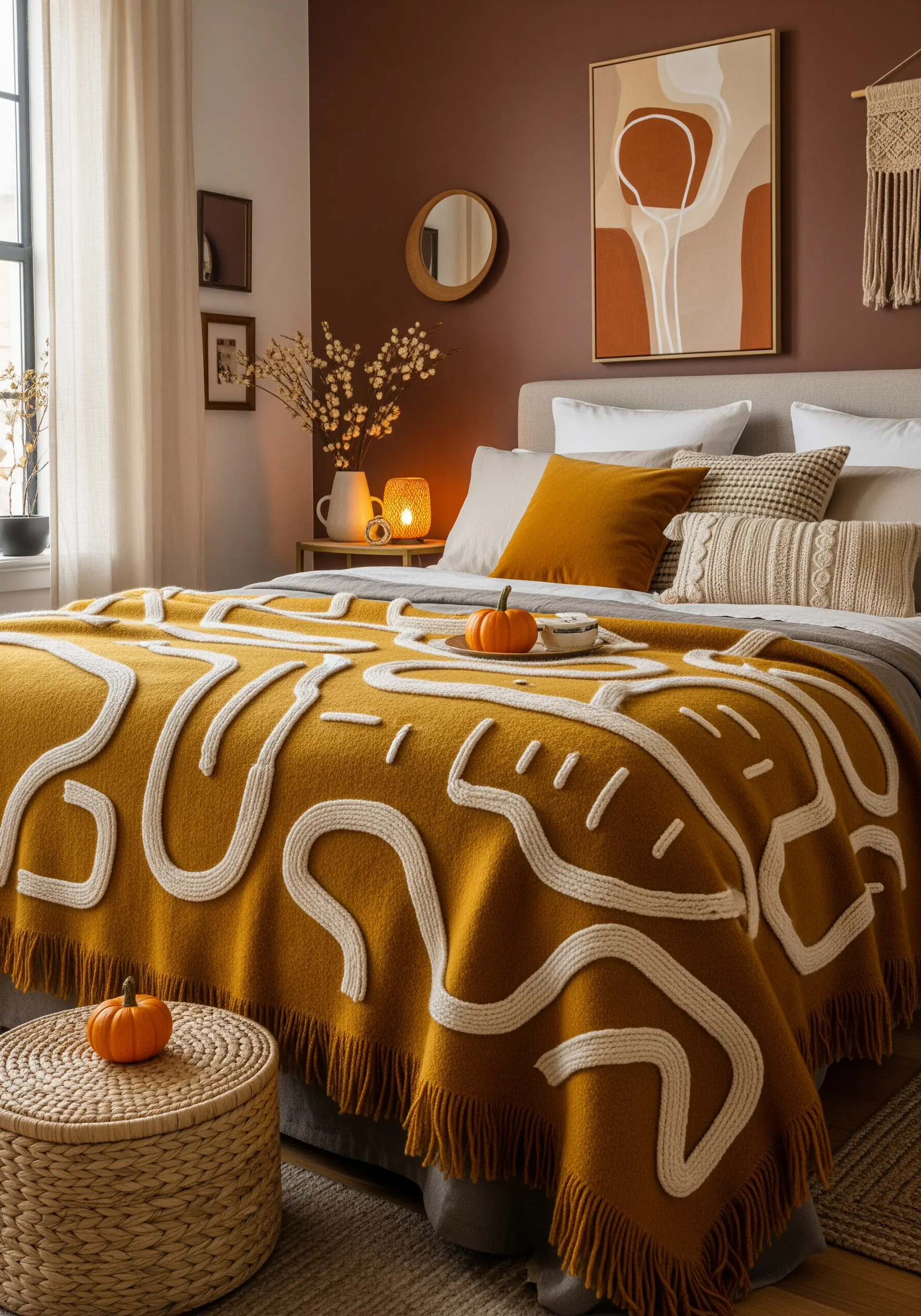 A mustard yellow throw blanket with a bold abstract pattern made from couched white yarn.