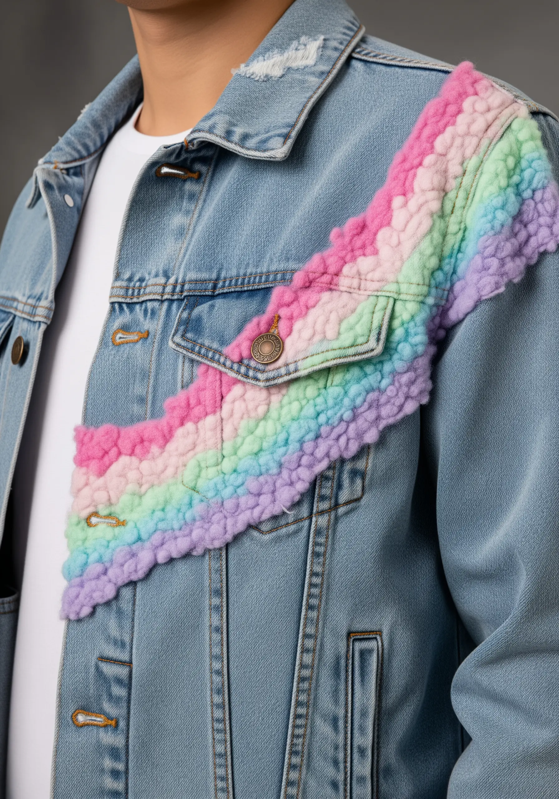 A fluffy, textured rainbow stripe across a denim jacket made with a plush yarn technique.