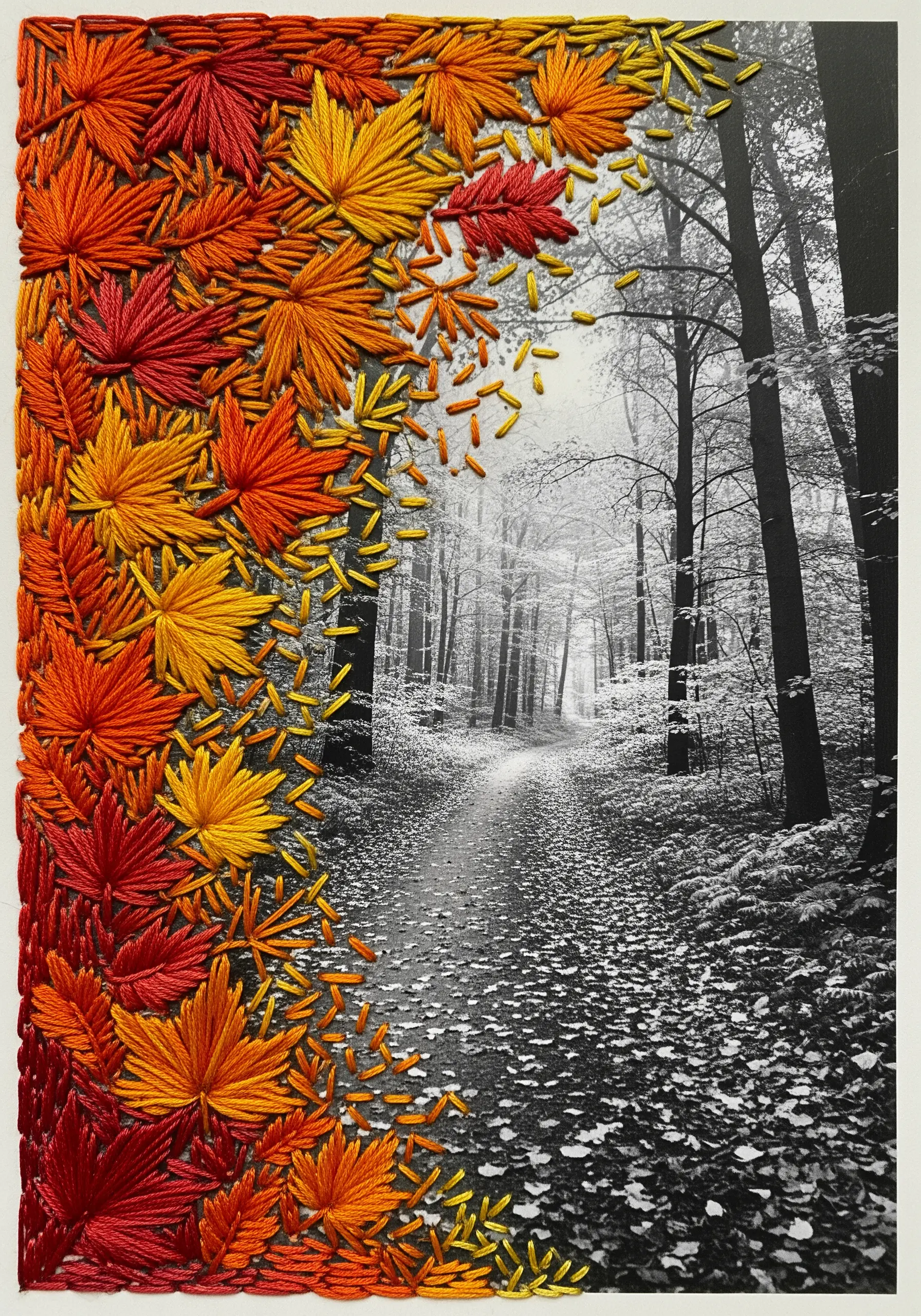 A black-and-white photo of a forest path with vibrant, embroidered autumn leaves added.