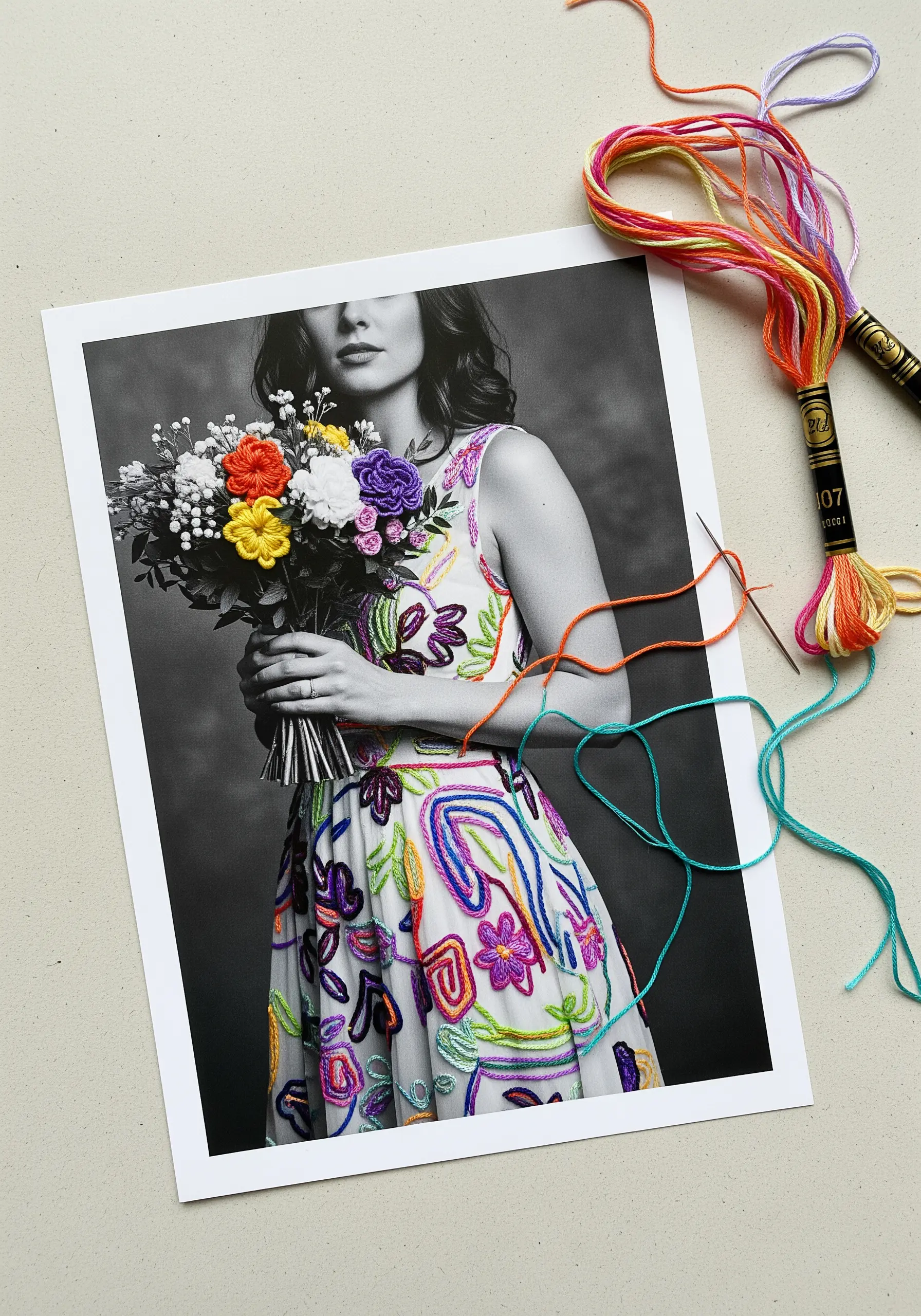 A black-and-white photo where a woman's dress and bouquet have been colored in with embroidery.