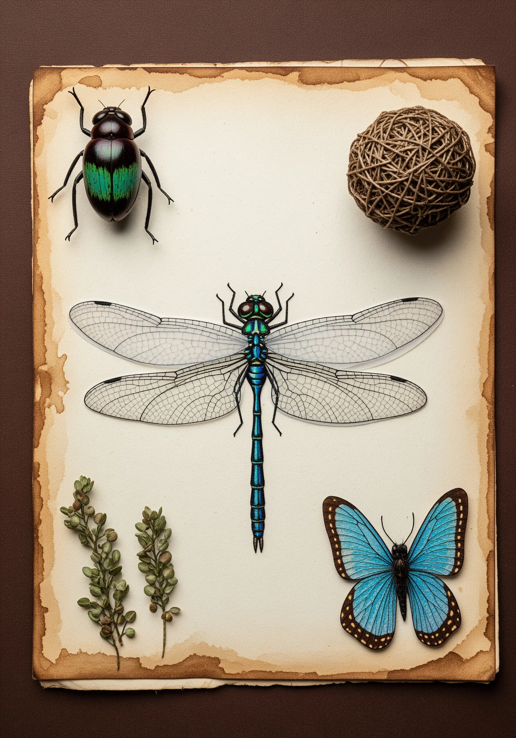 A nature illustration of insects with embroidered details on the wings and bodies for texture.