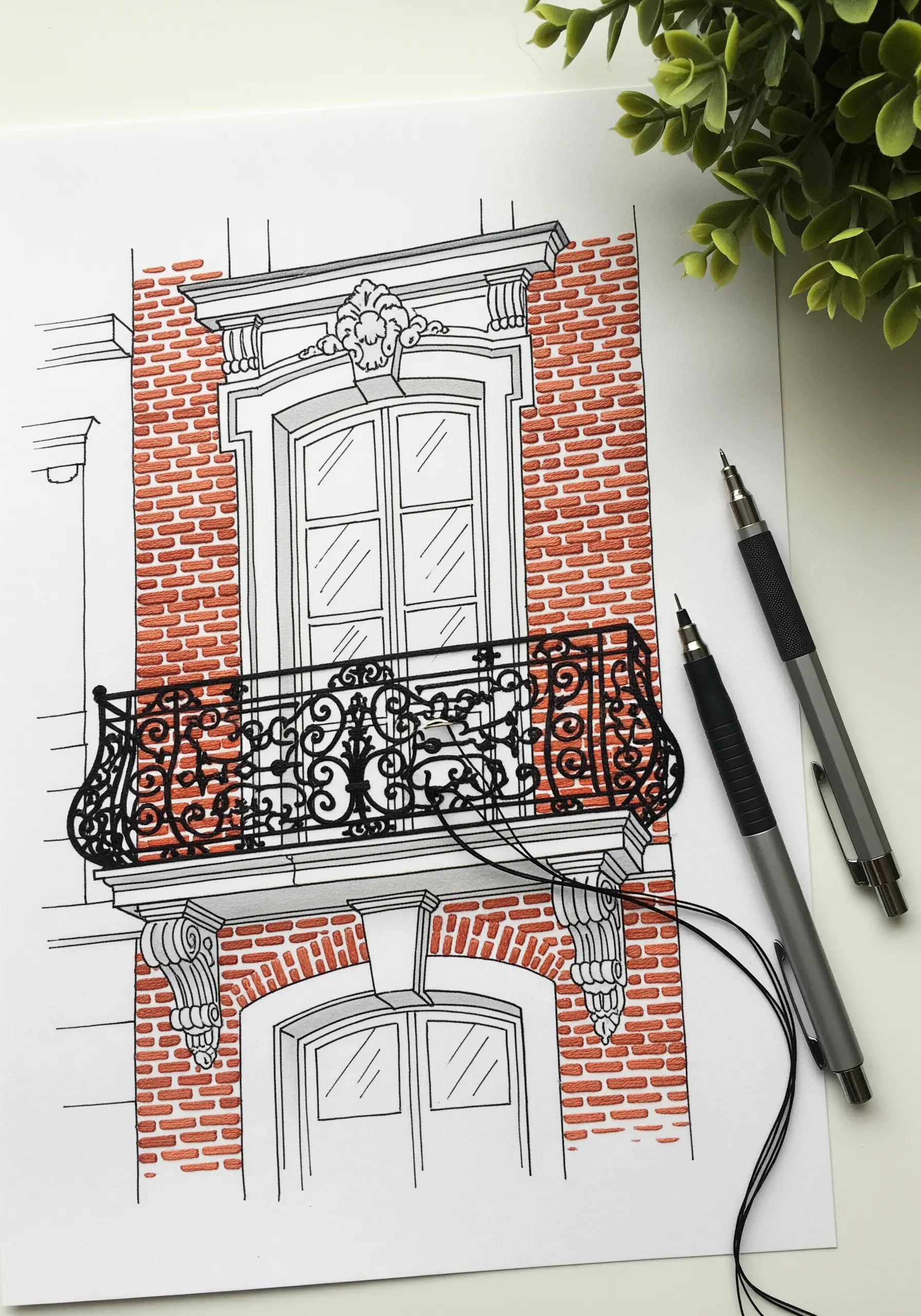 An ink drawing of a building with the brick facade filled in with red embroidery.