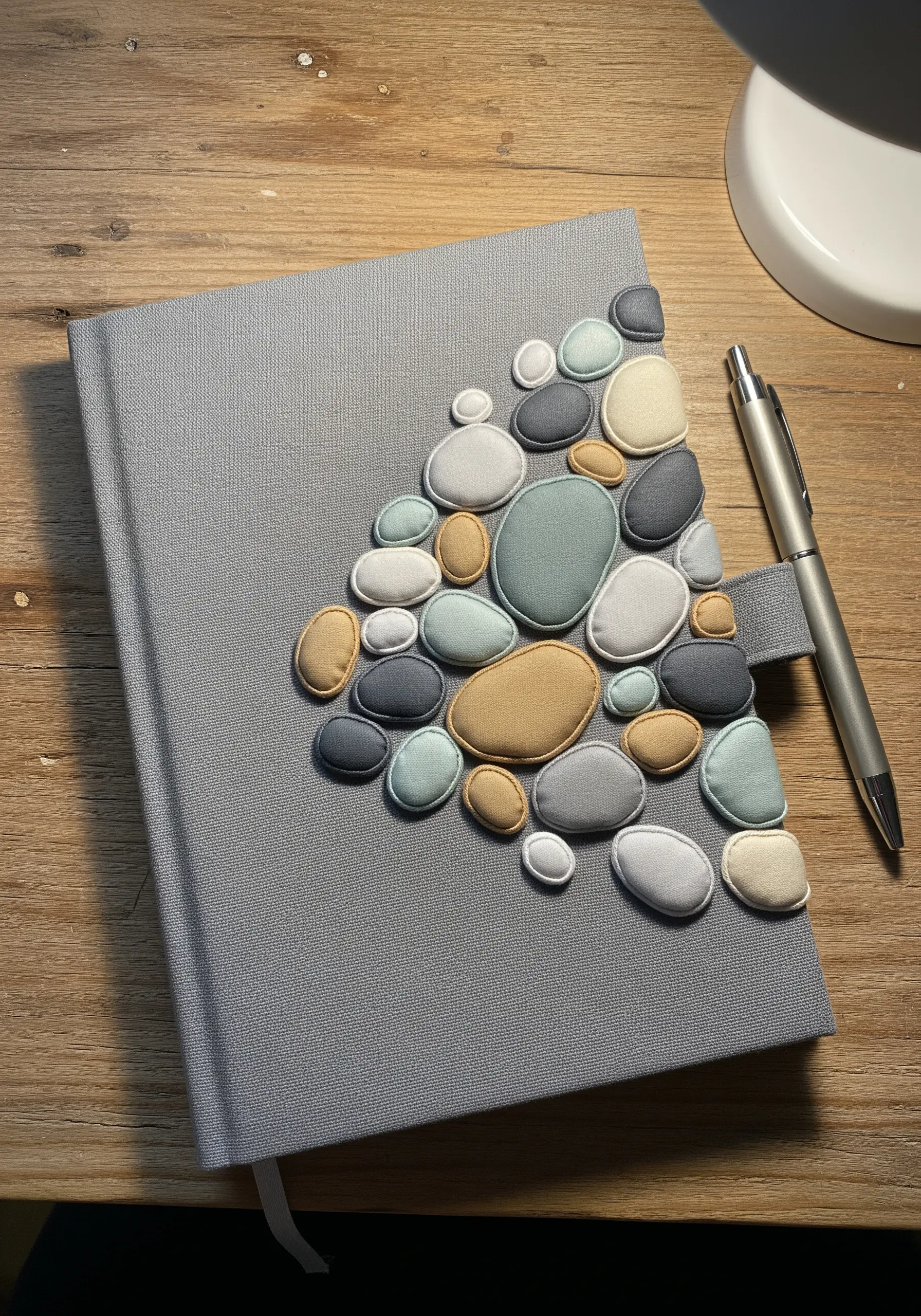 A grey journal cover decorated with a cluster of soft, padded appliqué pebbles.