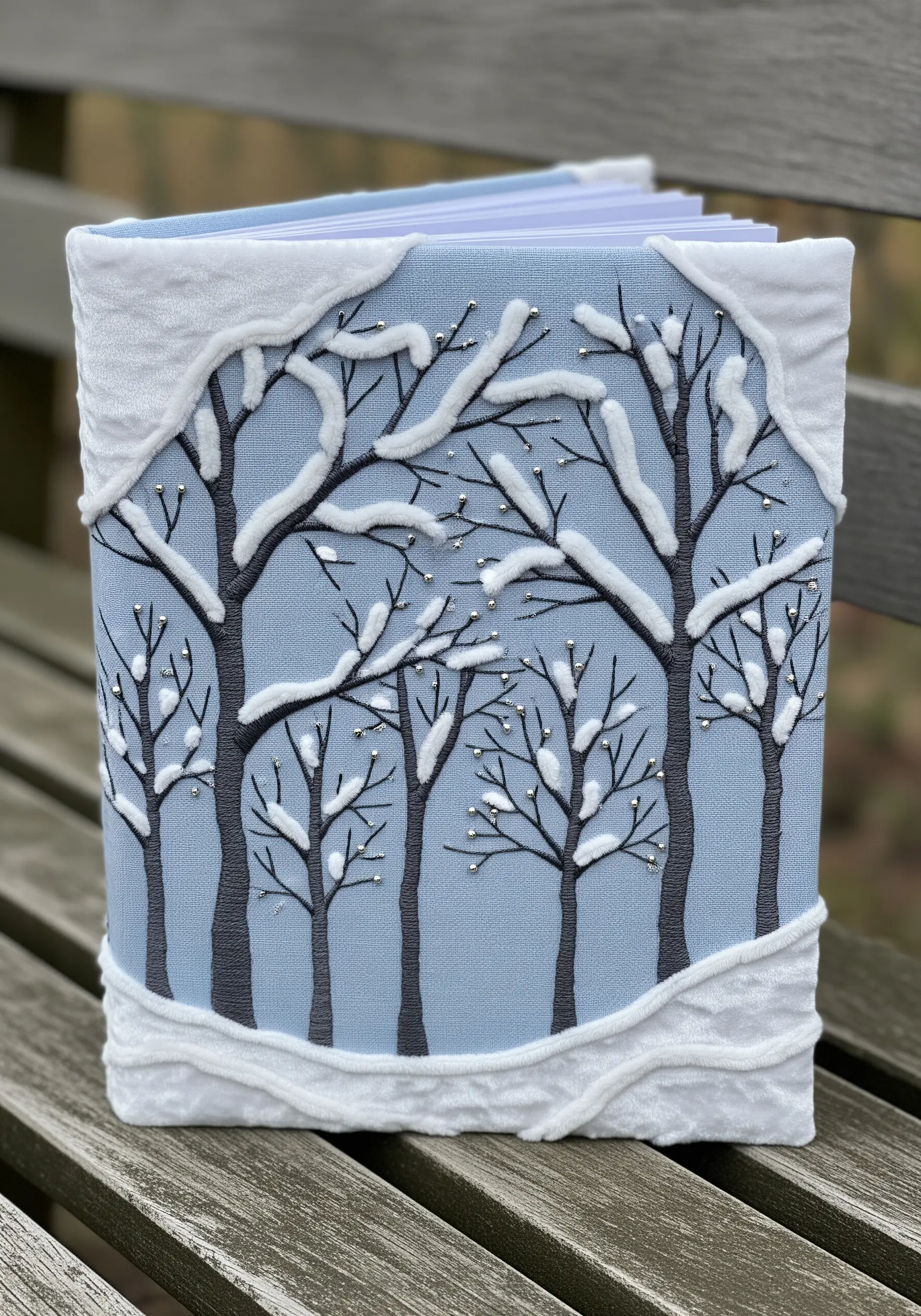 Embroidered book cover of a winter scene with white fleece appliqué for snow on branches.