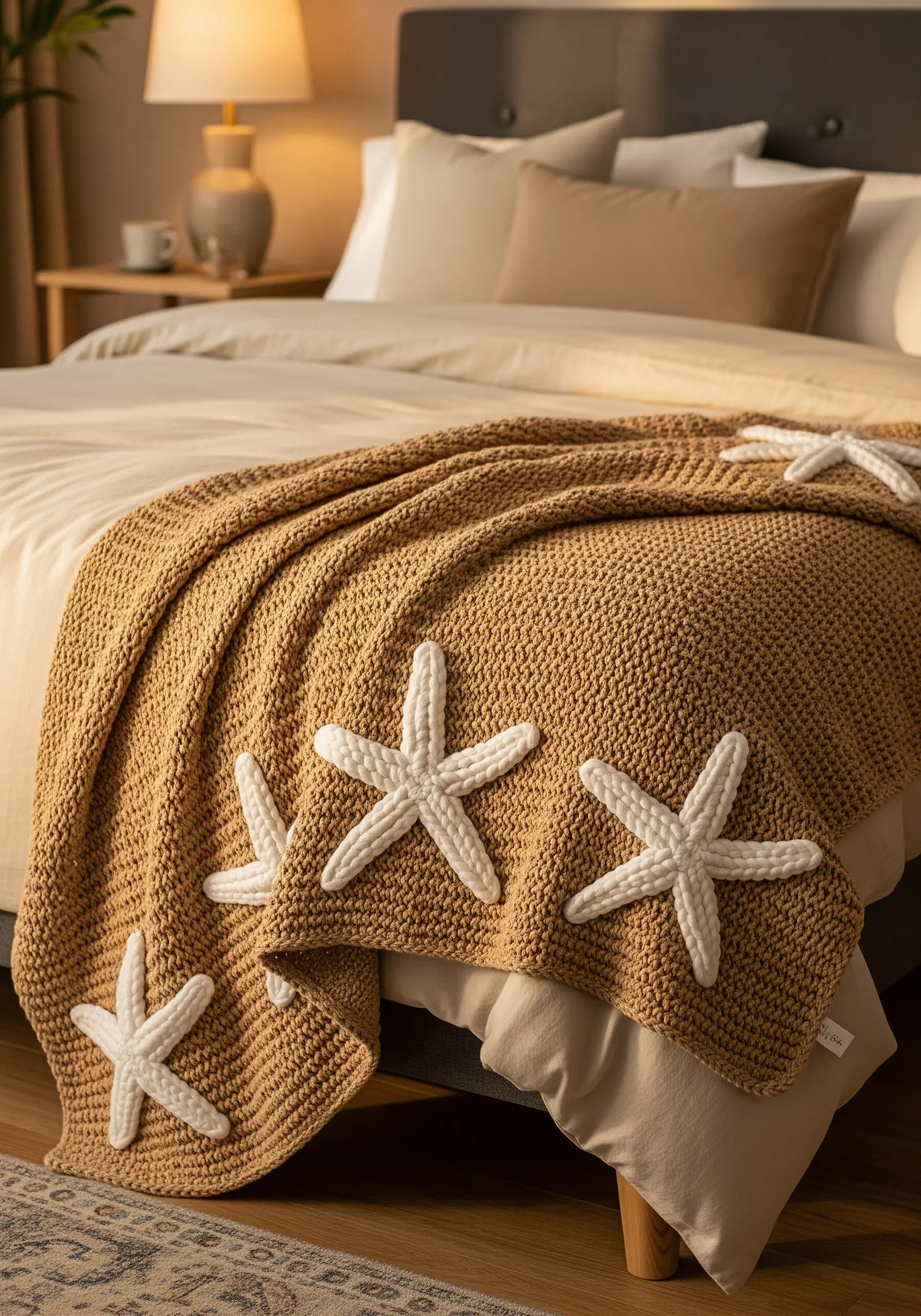 A sandy-brown knit throw blanket with several white, 3D appliqué starfish scattered across it.