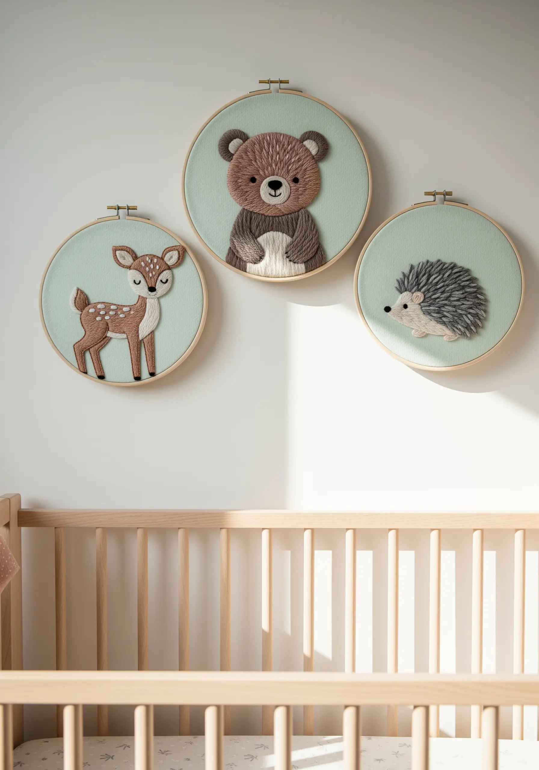 Three embroidery hoops with a bear, deer, and hedgehog for a nursery.