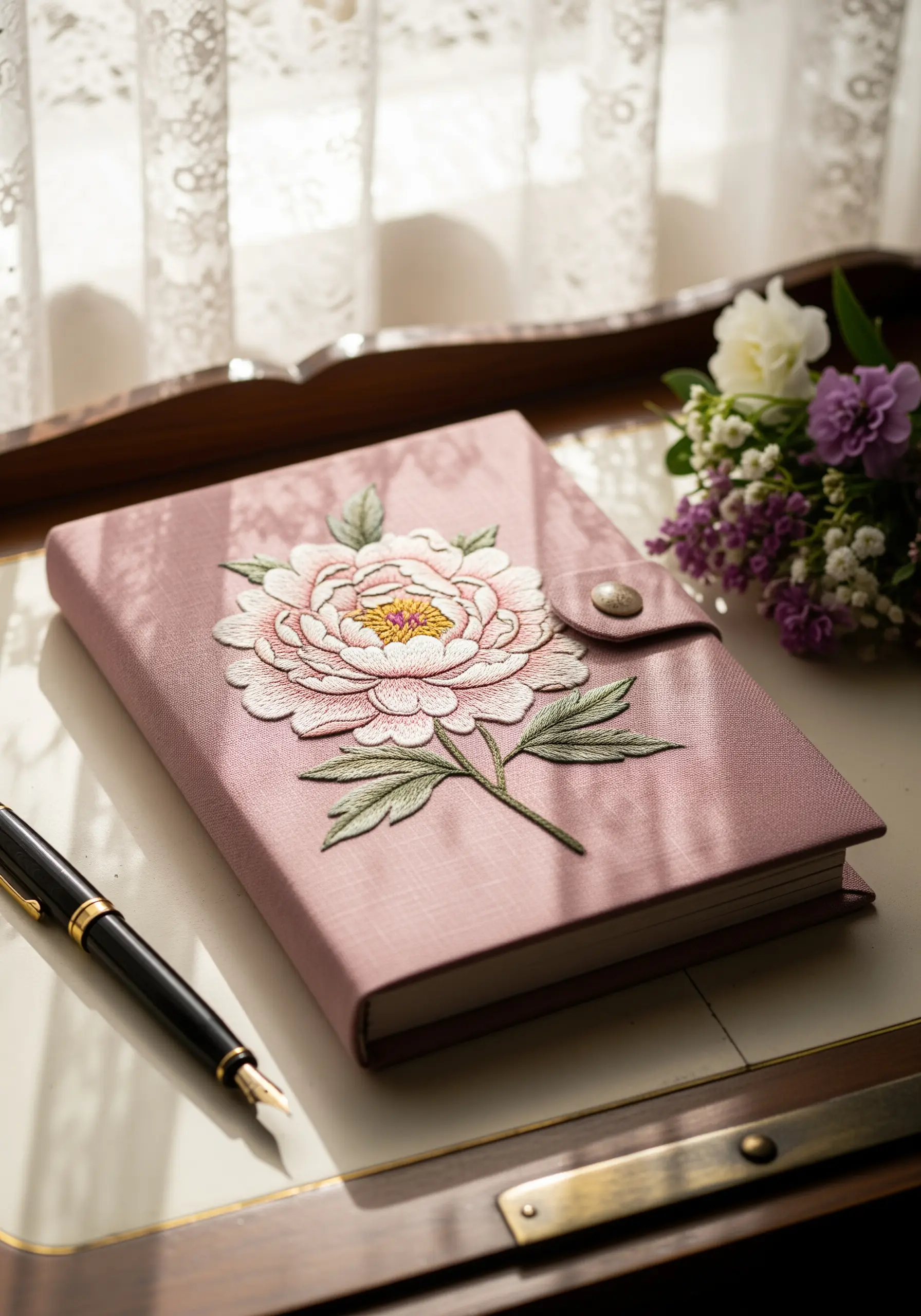 An elegant pink peony with detailed petals and leaves embroidered on a pink journal cover