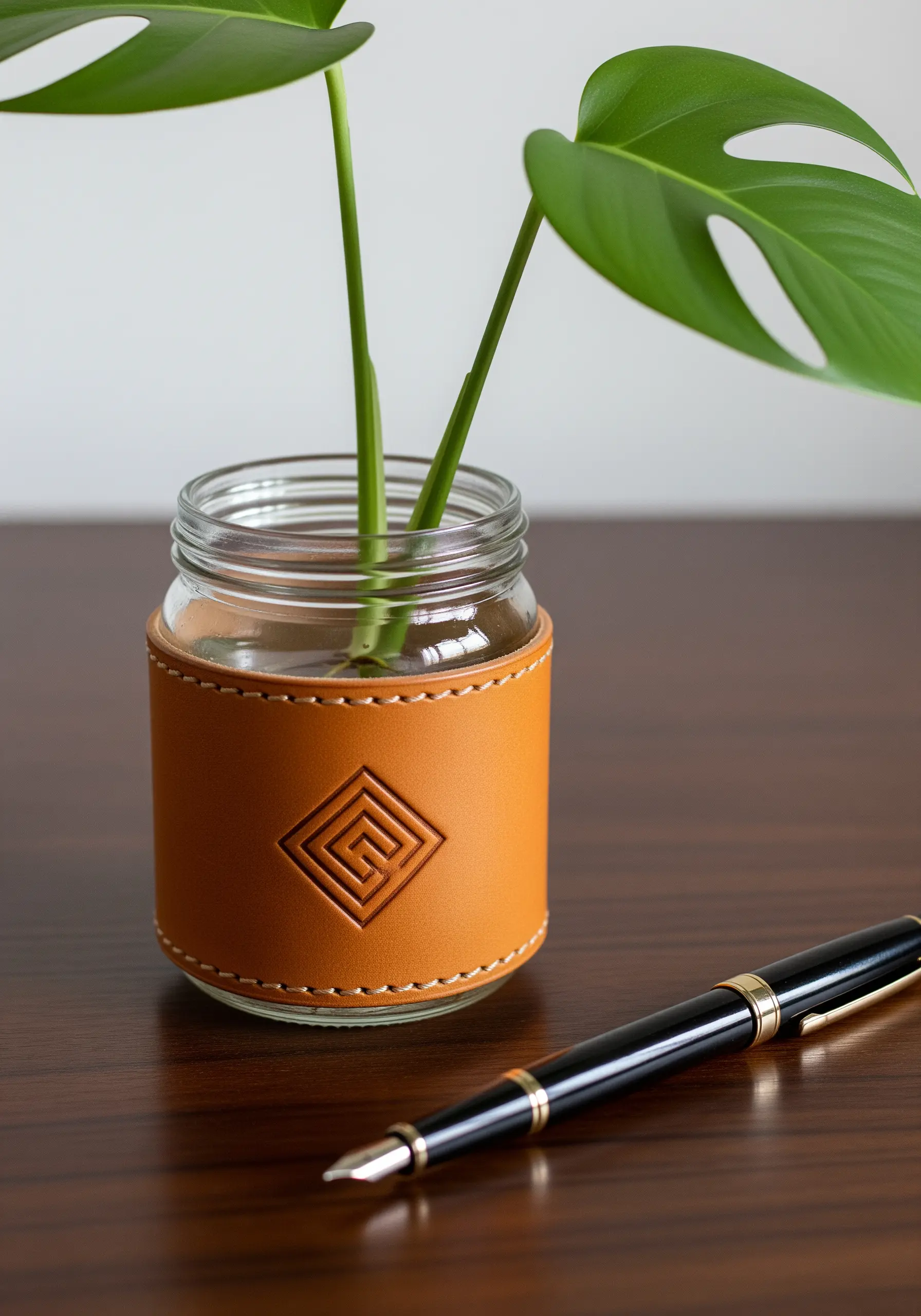 A glass jar wrapped in a hand-stitched tan leather cuff with an embossed geometric design.
