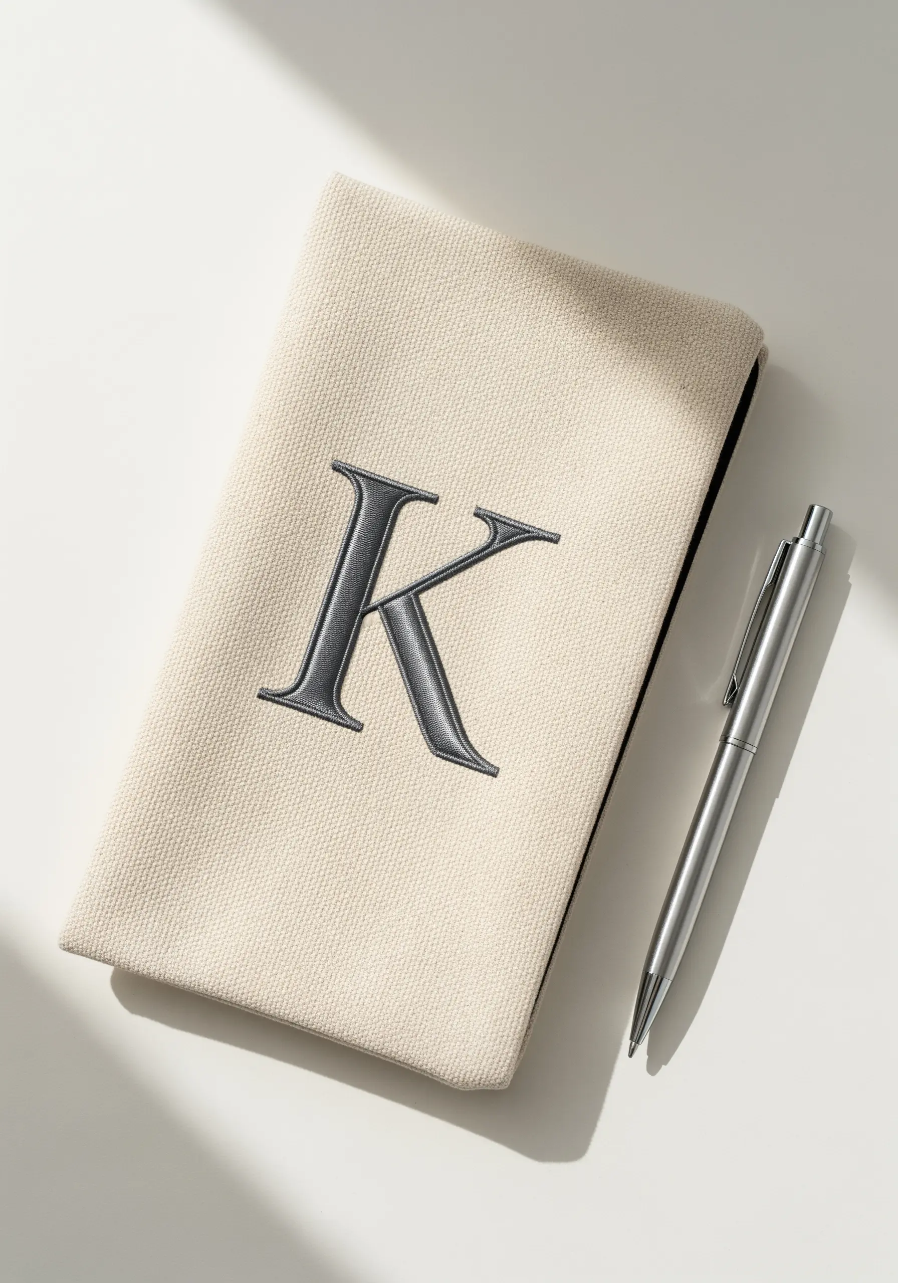 A classic serif 'K' monogram embroidered with gray shading on a canvas pouch.