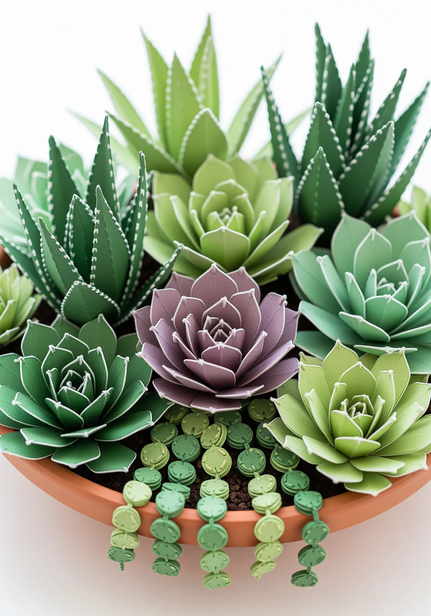 Finely stitched details, like French knots, on the leaves of intricate paper succulents.