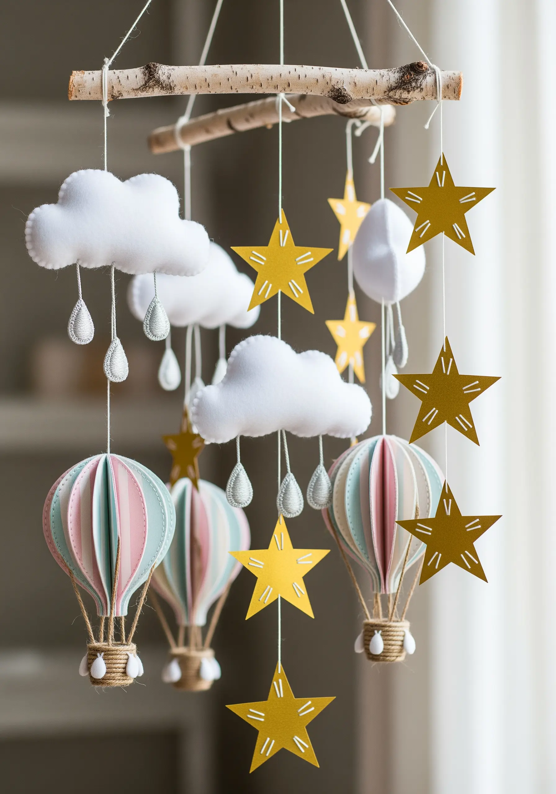 A nursery mobile with paper hot air balloons and felt clouds, decorated with simple embroidery stitches.