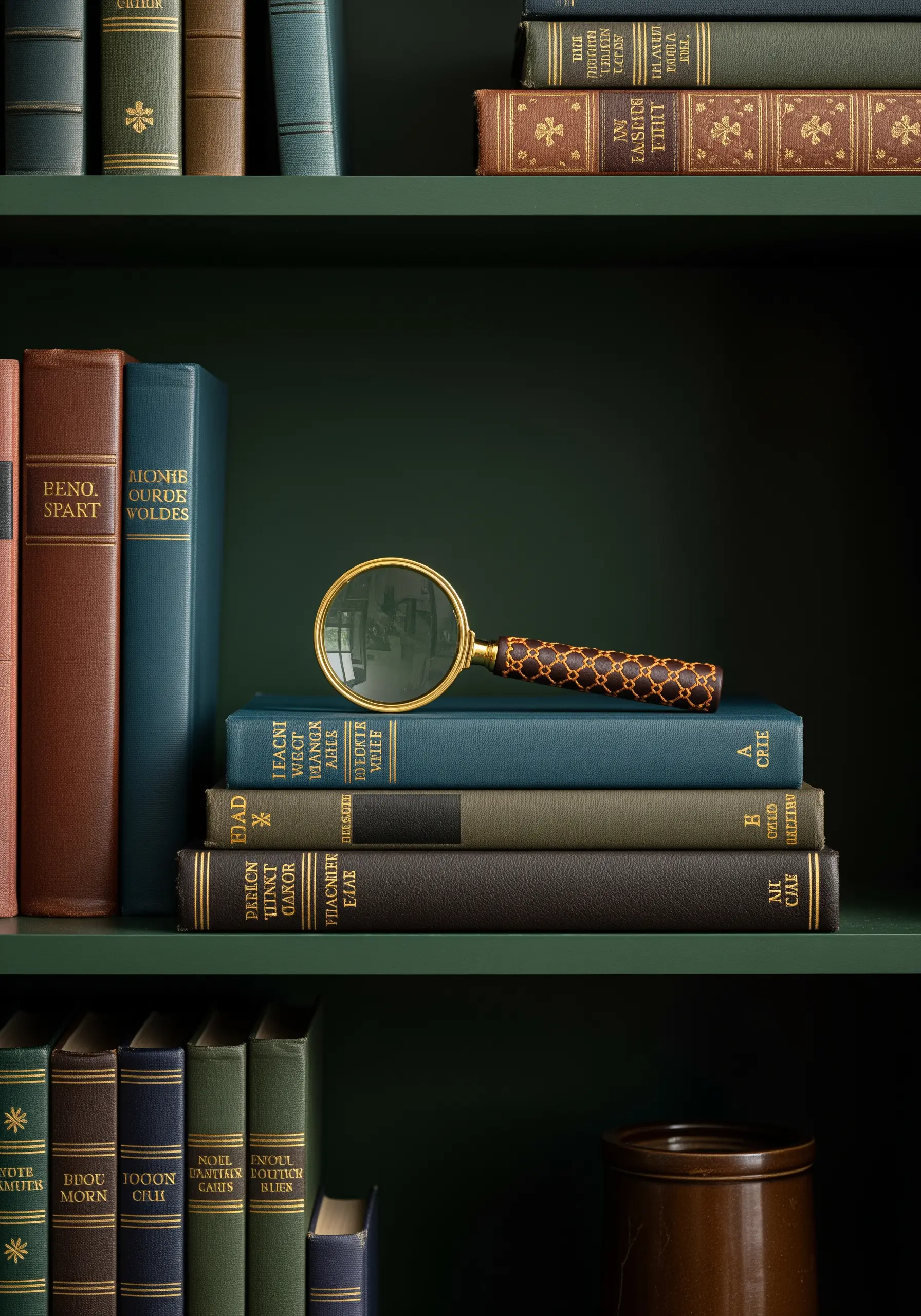 A magnifying glass with a handle wrapped in a textured, decorative pattern.