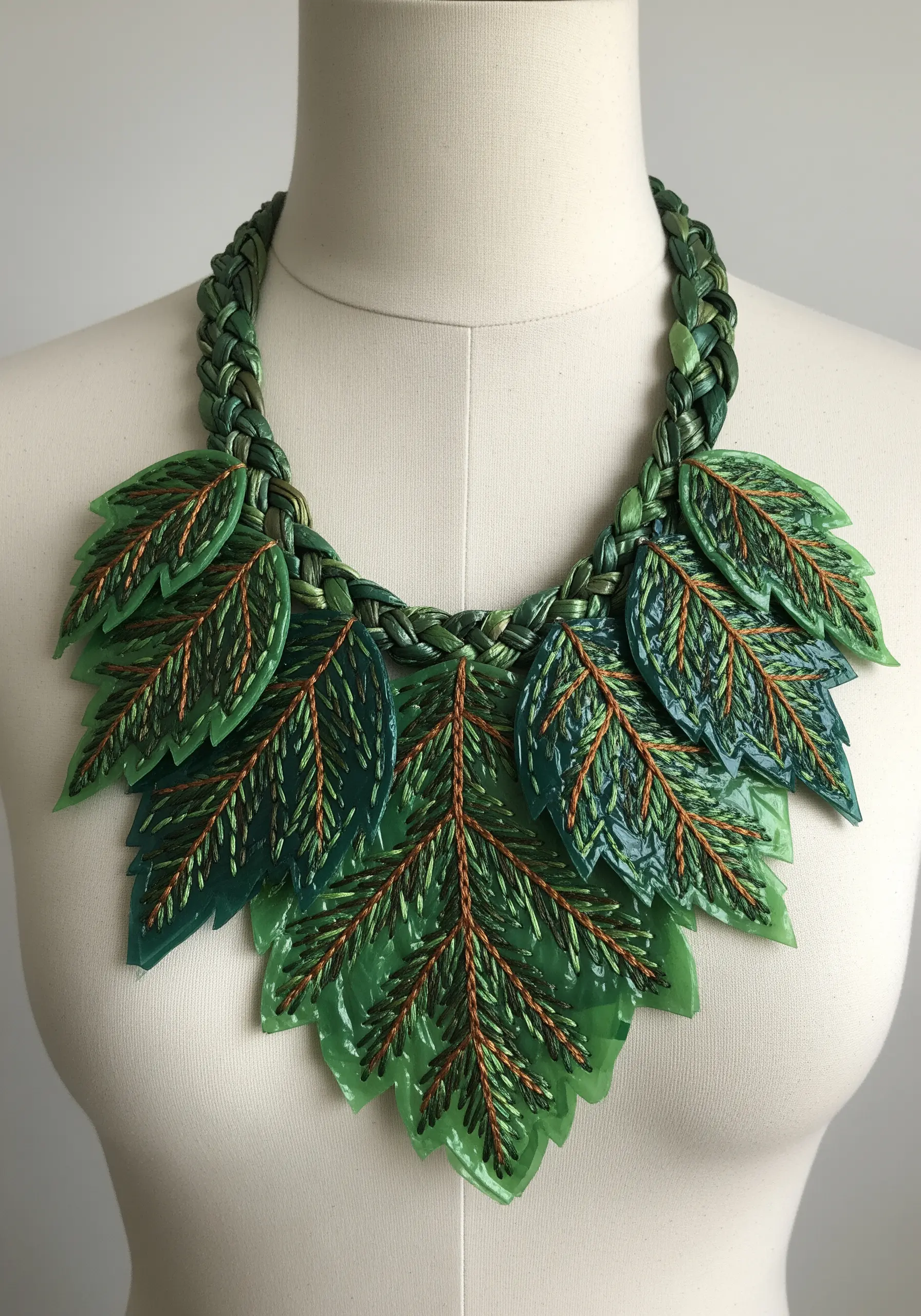 A statement necklace made of braided green ribbon and plastic leaves detailed with embroidery.