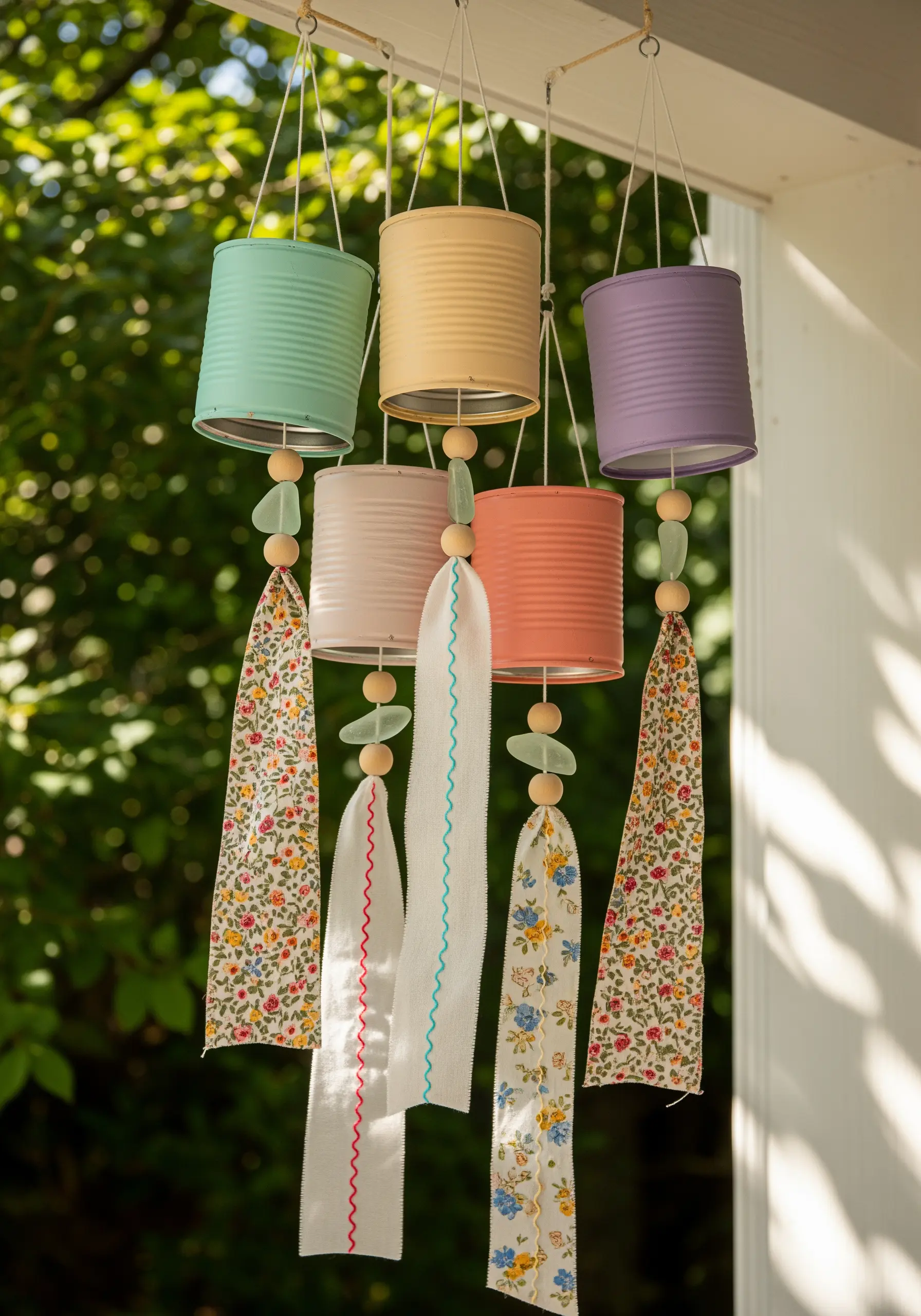 Wind chimes made from pastel-painted tin cans with decorative fabric strips hanging below.