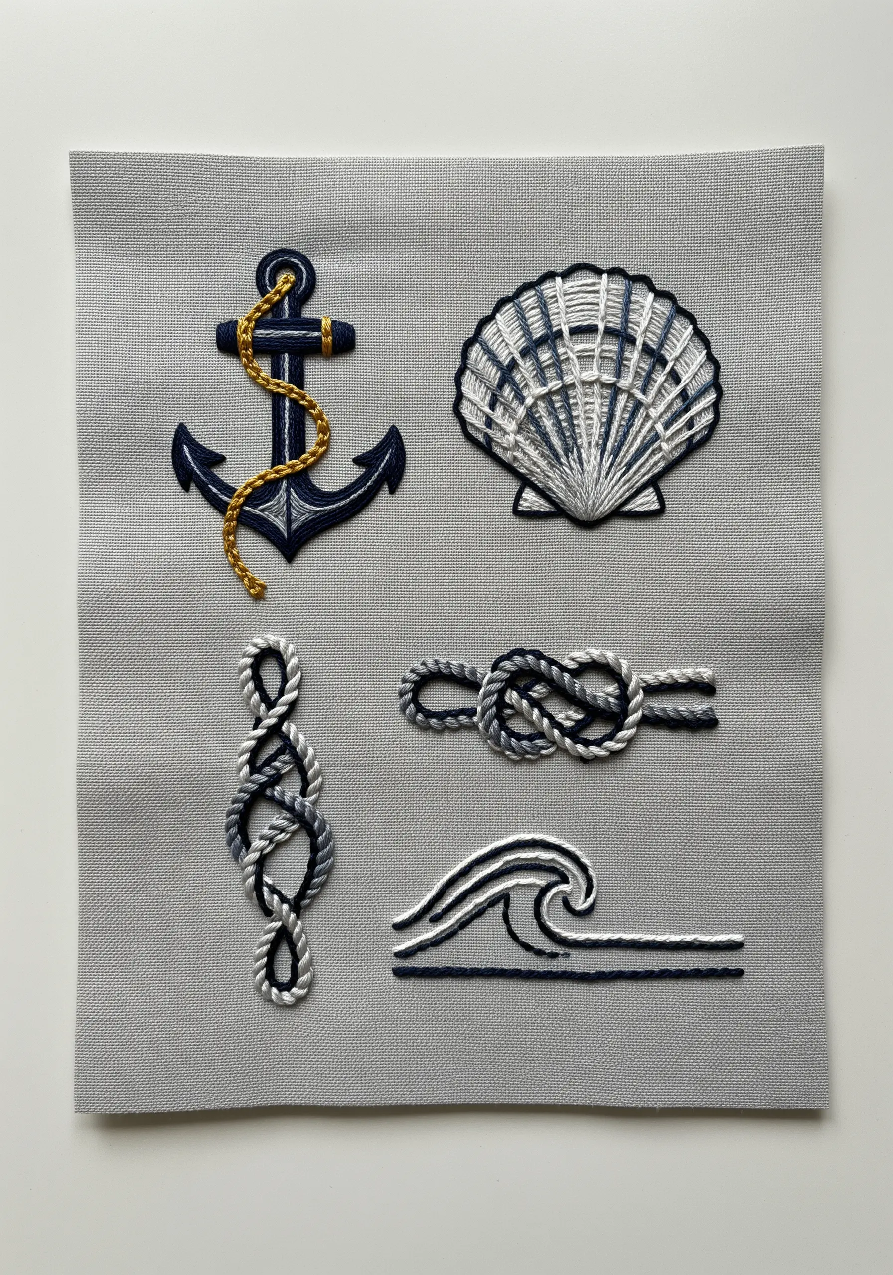 A nautical embroidery sampler featuring an anchor, a seashell, knots, and a wave motif.