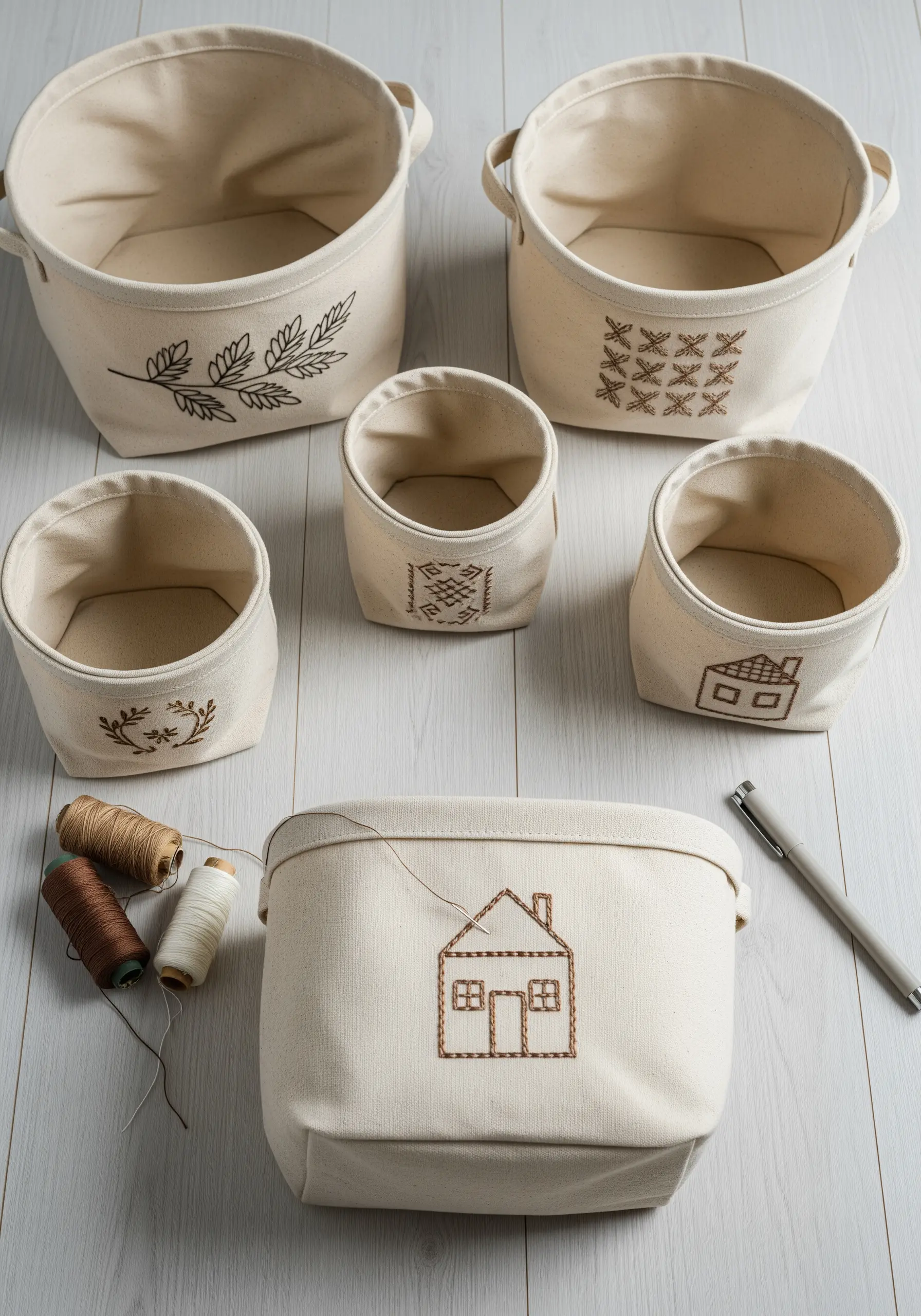 A collection of cream-colored canvas storage baskets embroidered with simple, rustic brown motifs.