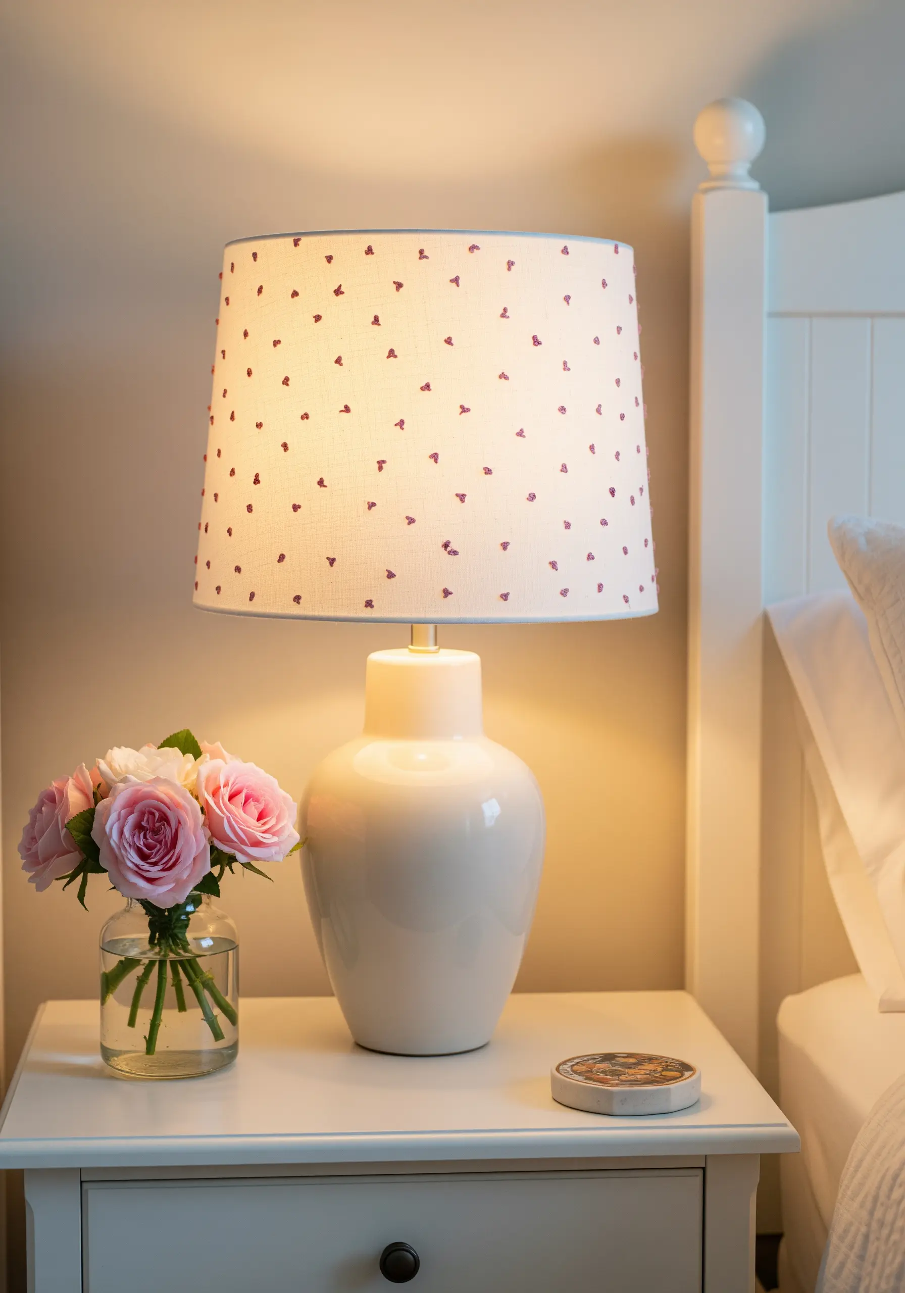 A simple white lampshade dotted with tiny embroidered dusty rose hearts.